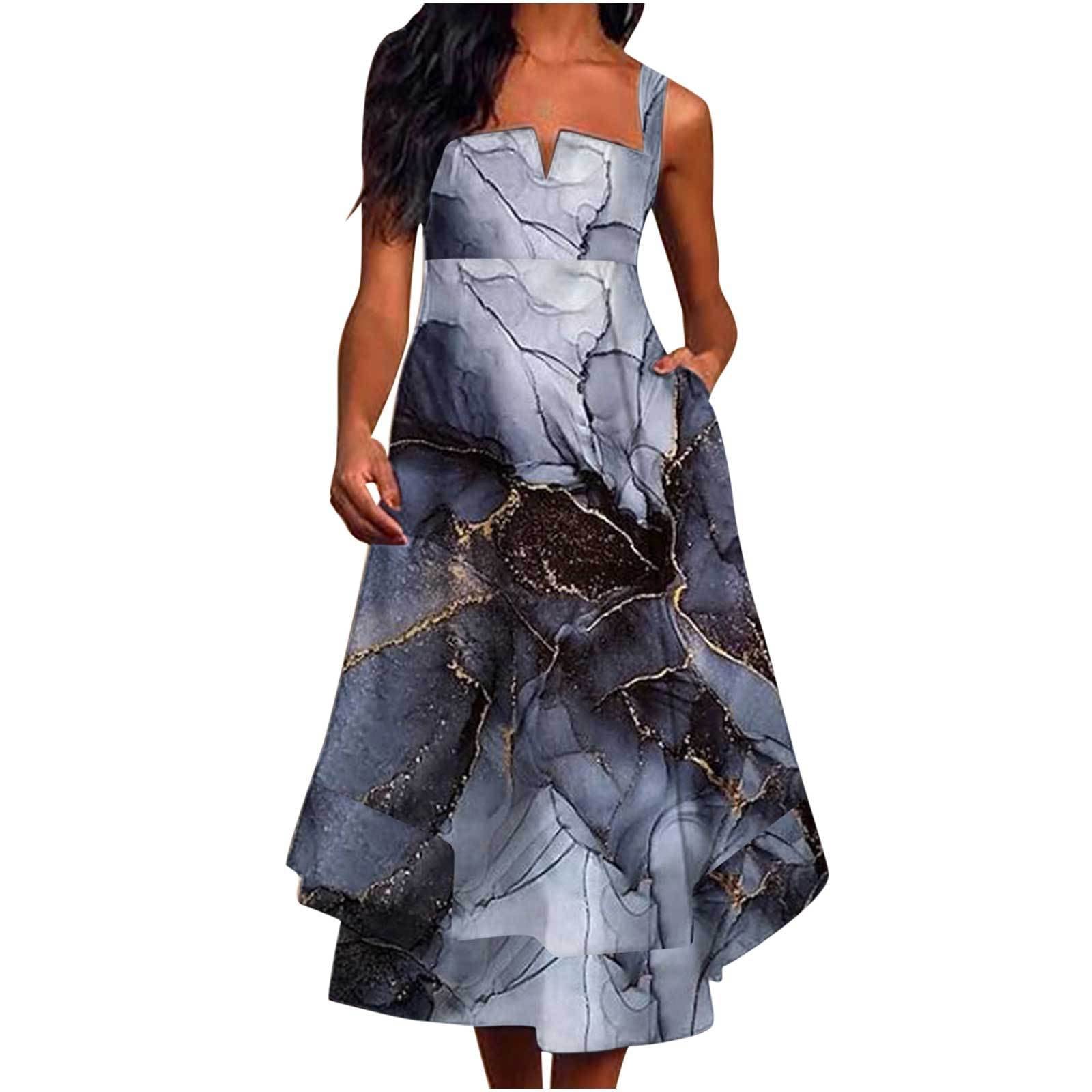 Women's Sleeveless Floral Print Square Neck A-Line Midi Dress - High Waist Ruffle Smocked Backless Summer Dress for Beach, Party & Date Night