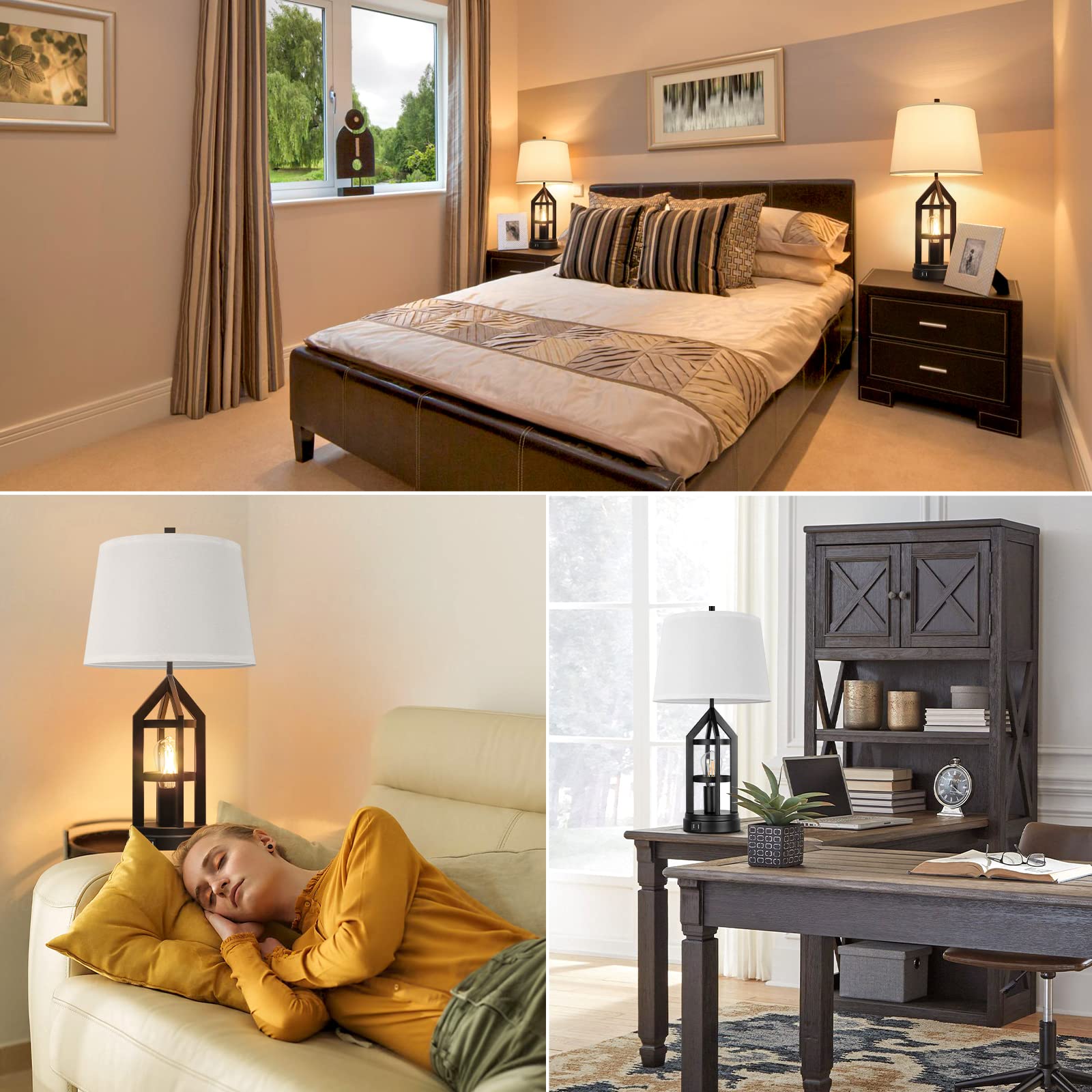 BesLowe 2-Pack Farmhouse Style Touch Control Table Lamps - 3-Way Dimmable Bedside Lamps with 2 USB Charging Ports, Rustic End Table Lamps for Living Room & Bedroom, Includes 4 LED Bulbs & White Fabric Shades - Perfect for Nightstands, Home Office, and Cozy Reading Nooks