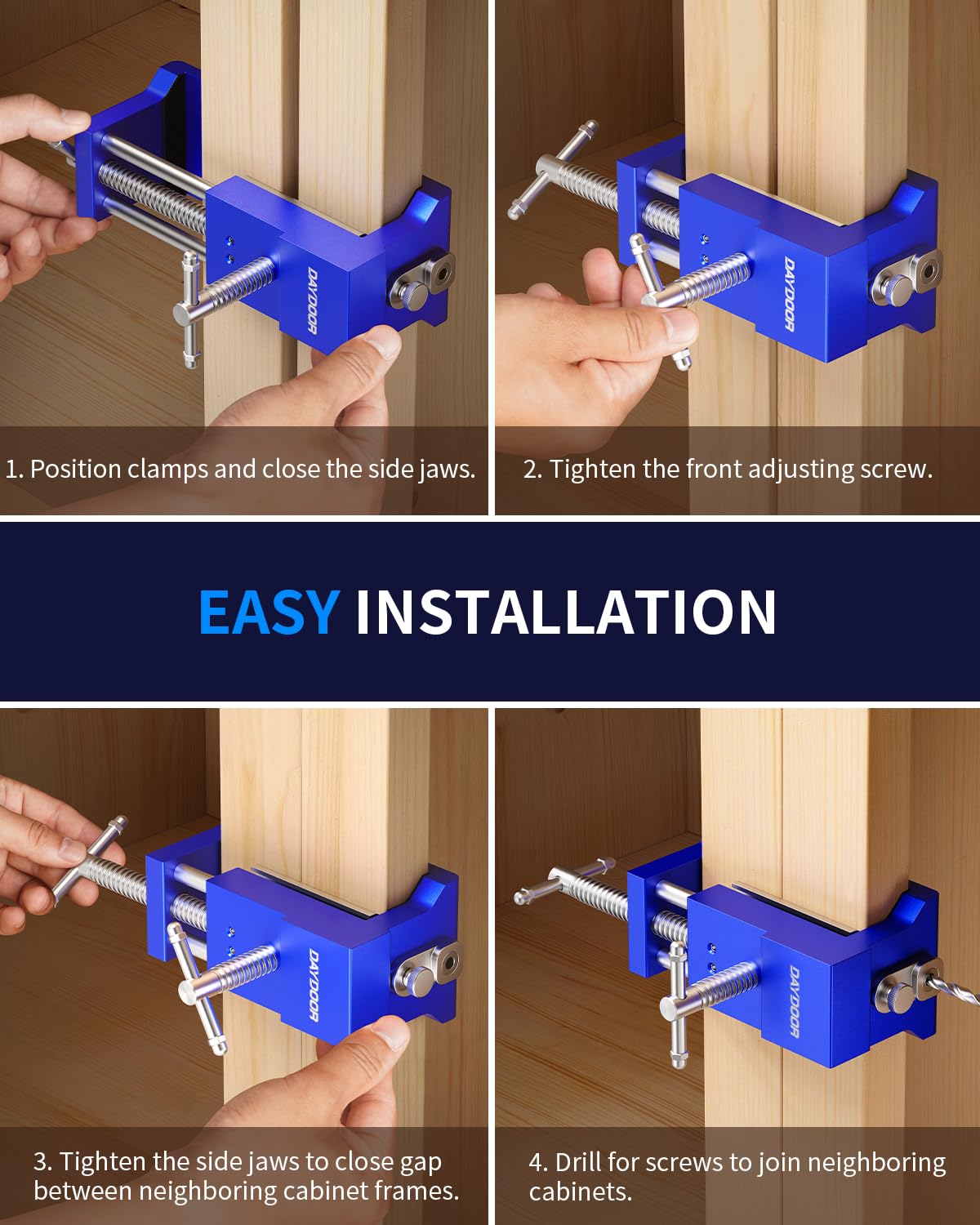 DAYDOOR 2-Pack Blue Cabinet Clamps - Professional Face Frame Installation & Woodworking Alignment Tools | Perfect for DIY Cabinets, Furniture Making & Home Renovation Projects