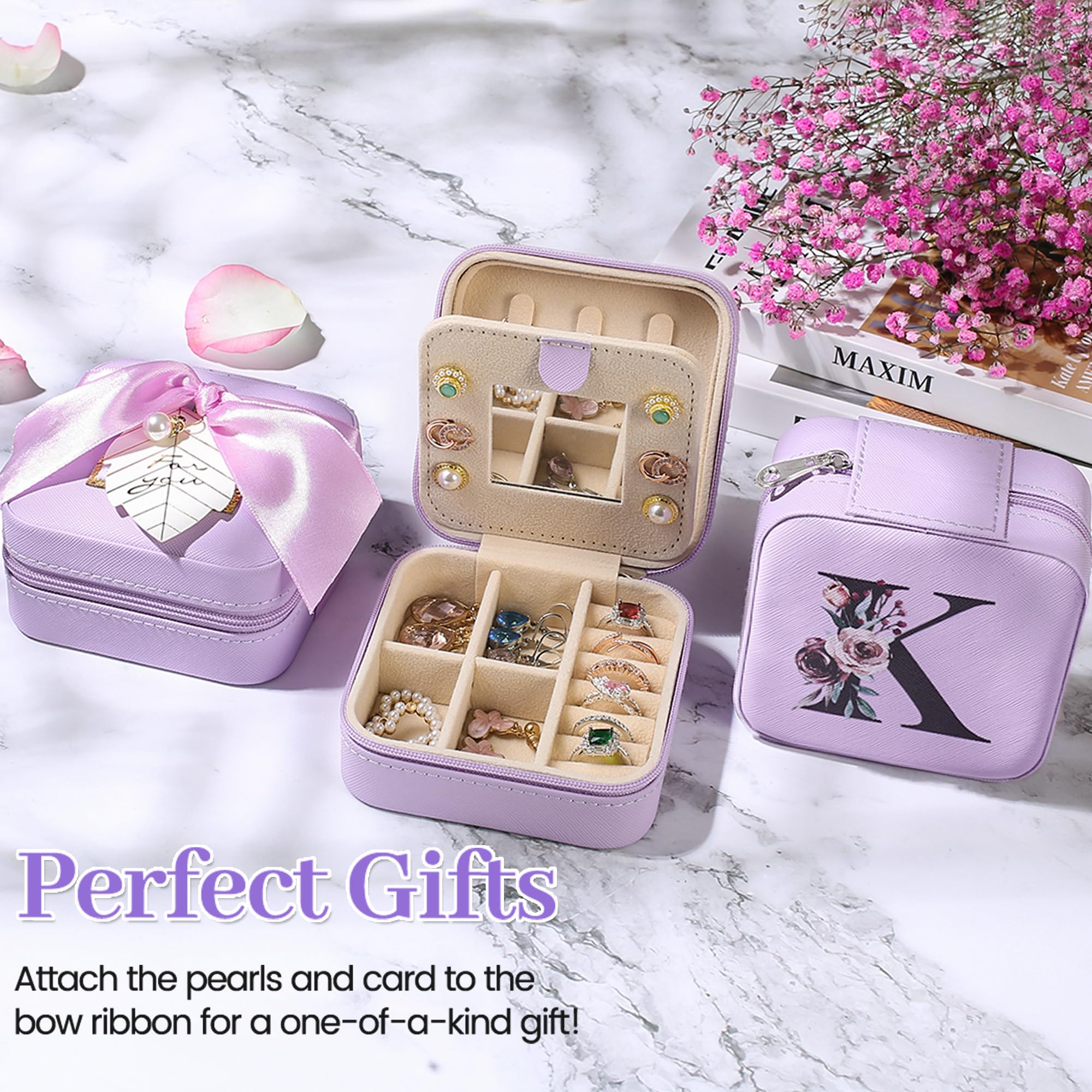 AYGXU Portable Jewelry Travel Case for Women - Small Jewelry Organizer Box with Initial A-Z Engraving - Perfect Gift for Girls, Teens & Teachers - Ideal for Travel, Vacation & Daily Use
