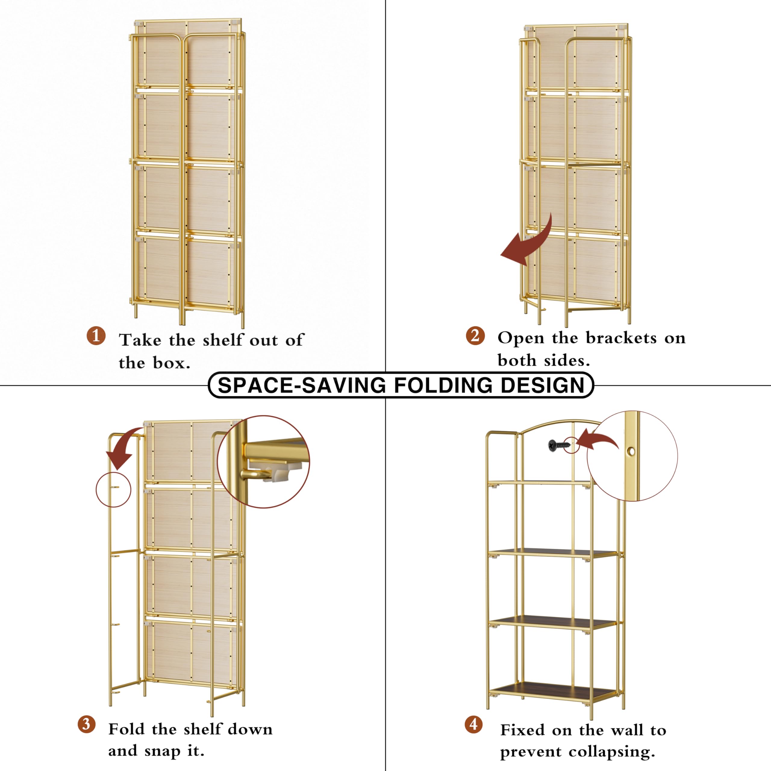 Crofy No Assembly Folding Bookshelf - 4 Tier Gold Collapsible Bookcase for Living Room & Home Office - Portable Storage Organizer for Books, Magazines & Decor - Perfect for Small Spaces & Room Organization