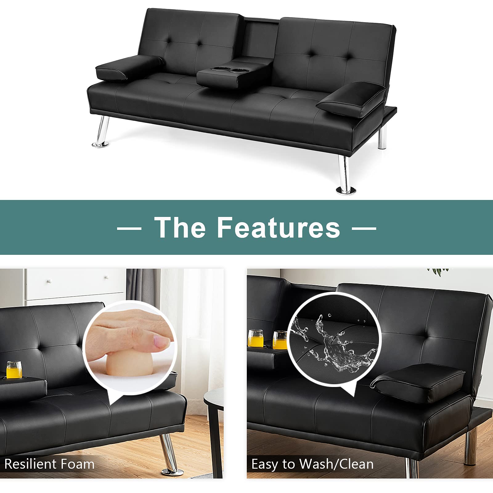 Powerstone Convertible Leather Futon Sofa Bed - Foldable Sleeper Couch for Small Spaces, Living Room Sectional with Cup Holder & Removable Armrests (Black) - Perfect for Apartments, Guest Rooms & Home Offices