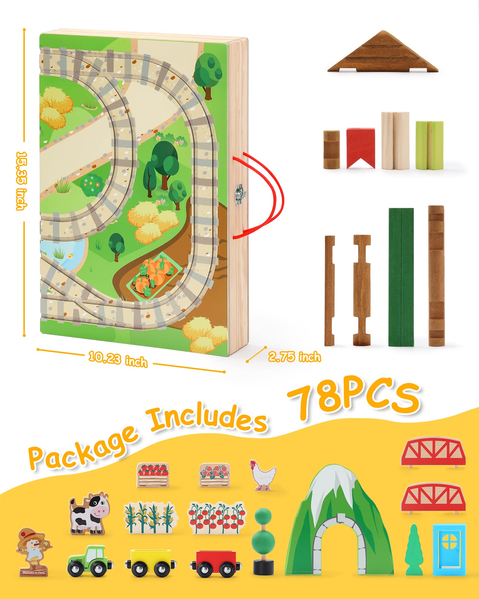SainSmart Jr. Train Set for Toddlers - 78 PCS Portable Farm & Log Cabin Building Blocks, Take-Along Tabletop Railroad Toy for Kids Ages 3+ | Perfect for Pretend Play, Early Learning & Travel Entertainment