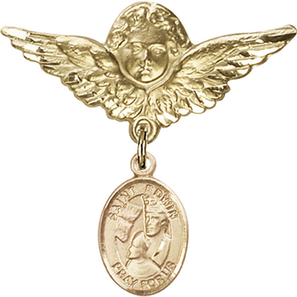 St. Edwin Gold Filled Baby Badge with Angel Wing Charm - 1 1/8 Inch Religious Pin for Baptism, Christening & First Communion Gifts