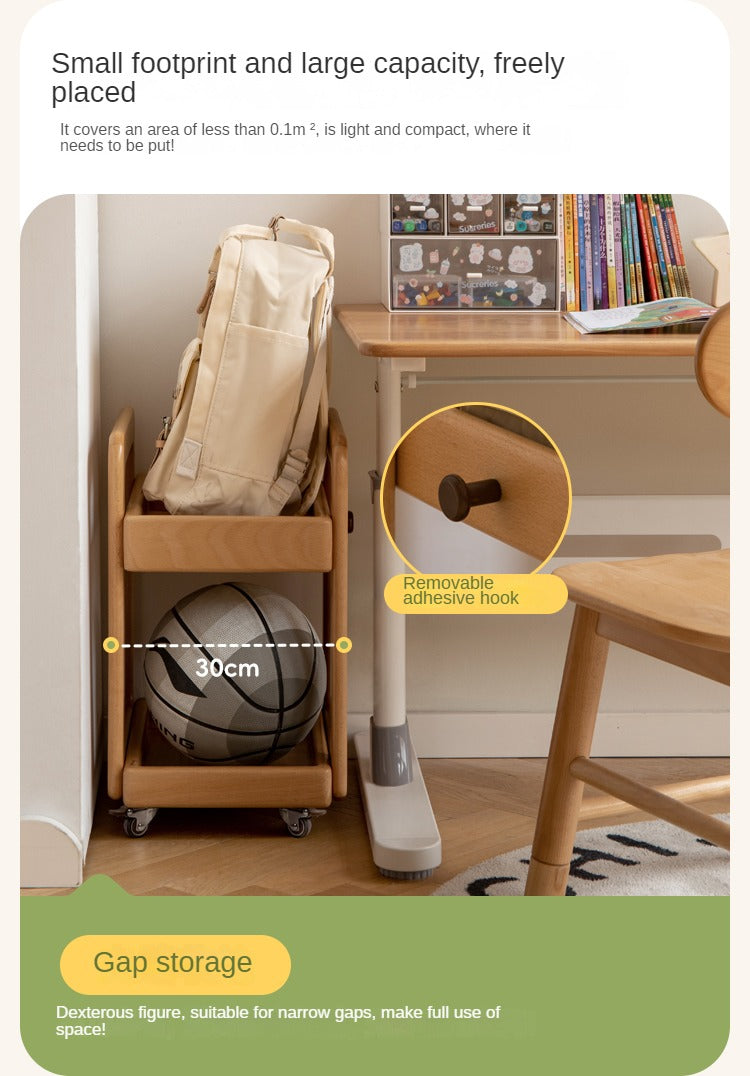 Solid Wood Beech & Rubber Kids Under Desk Mobile Storage Rack - Modern Organizer for Toys, Books & School Supplies in Bedroom or Playroom