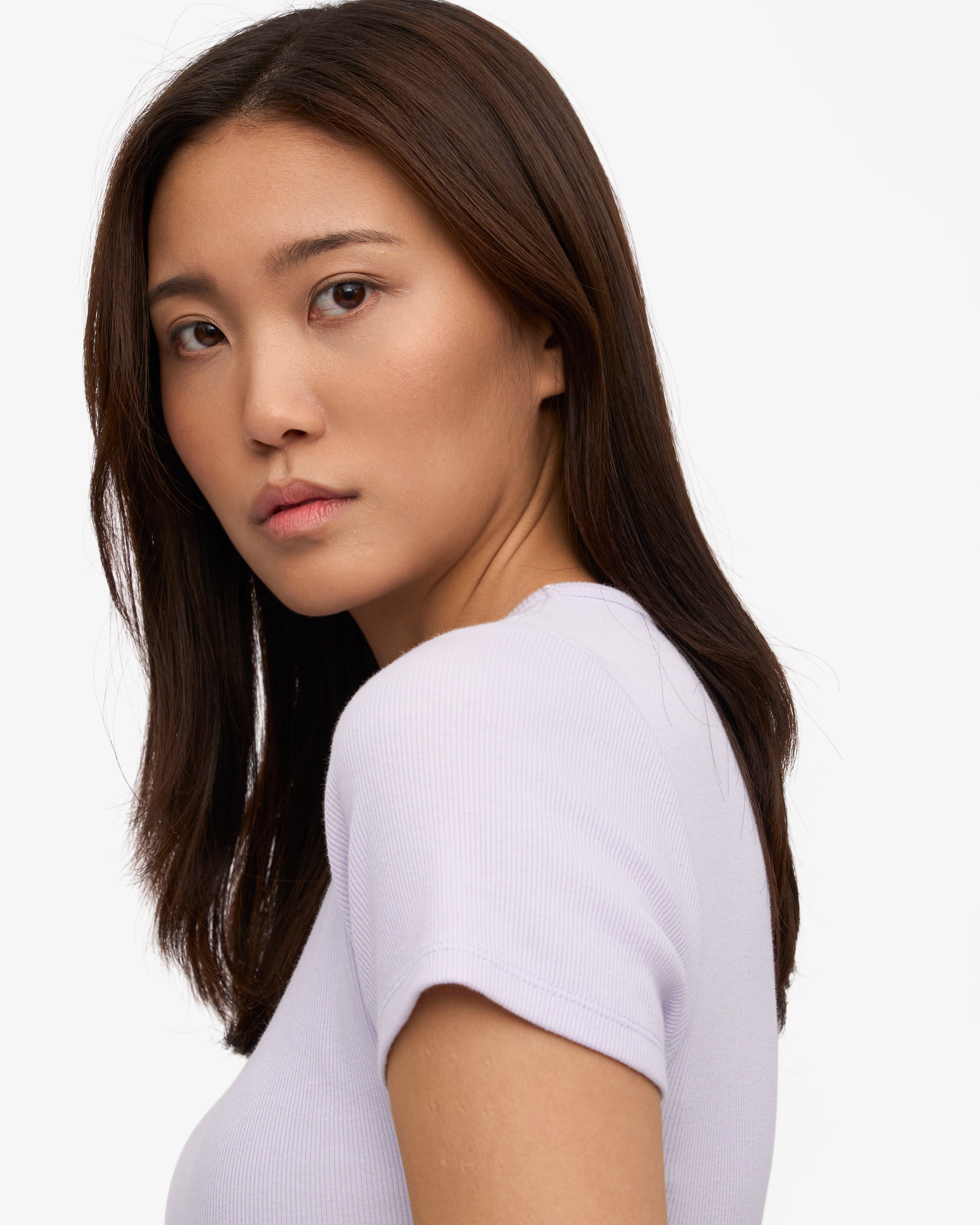 Organic Cotton Ribbed T-Shirt for Women - Soft Lavender Color - Perfect for Casual Wear, Yoga & Everyday Comfort