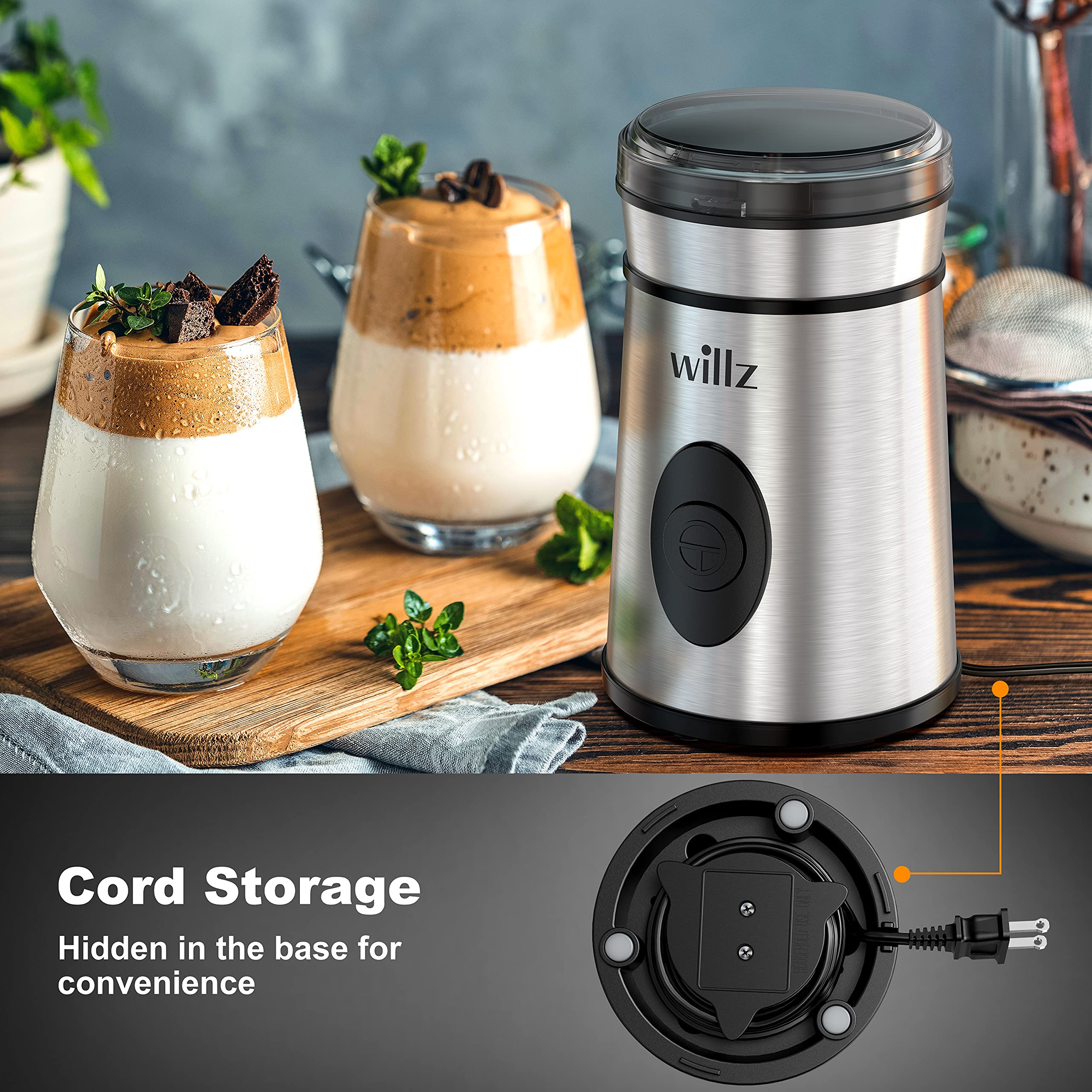 Premium Willz Electric Coffee Grinder - 200W Stainless Steel Blade for Beans, Spices & Herbs | 50g Capacity (6 Cups) | One-Touch Operation | Perfect for Home Kitchens, Camping & Gifts