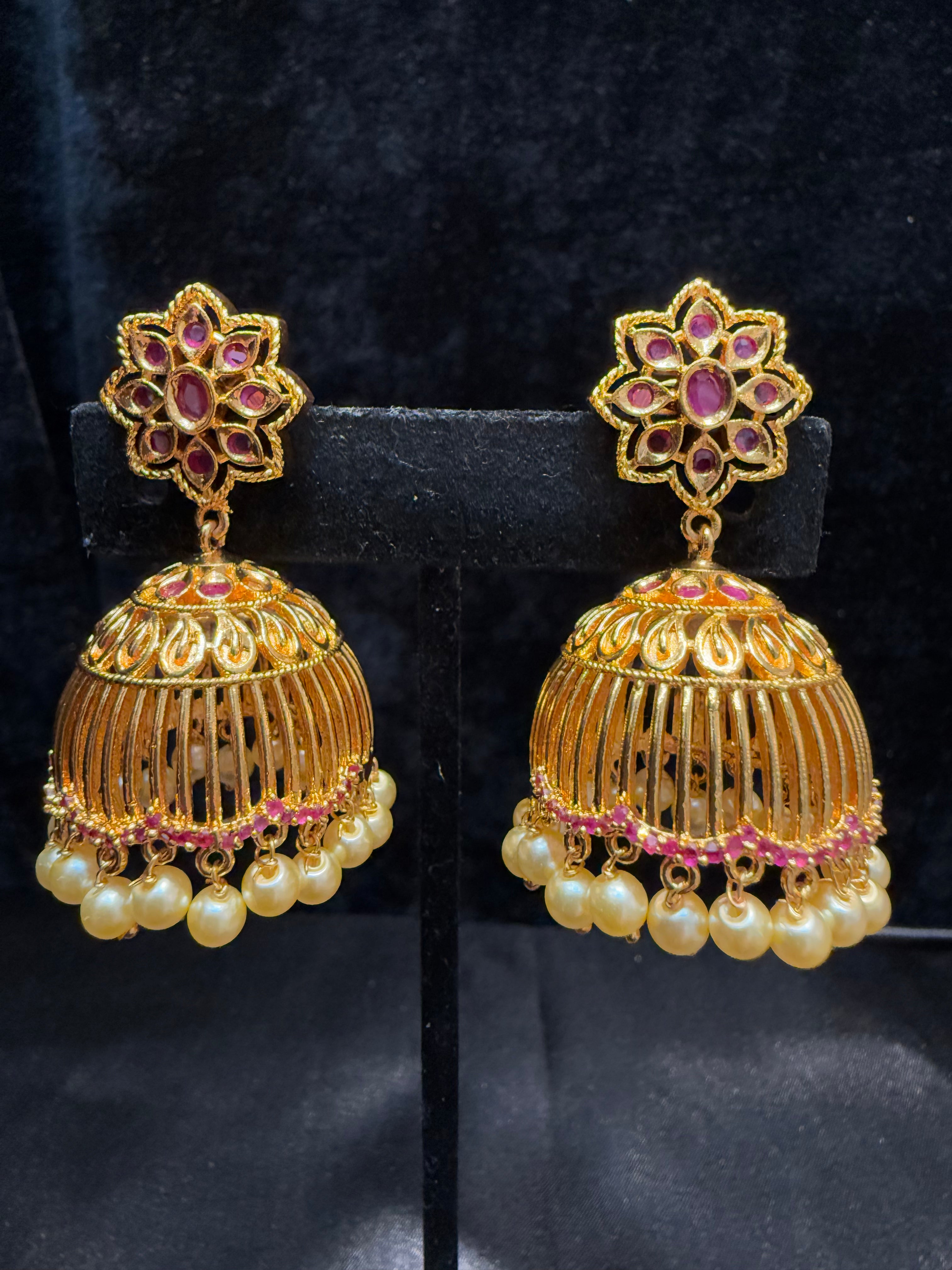 Elegant Gold Plated Designer Jhumka Earrings with Pink Stone and Pearl Drop - Perfect for Weddings, Parties & Festive Occasions