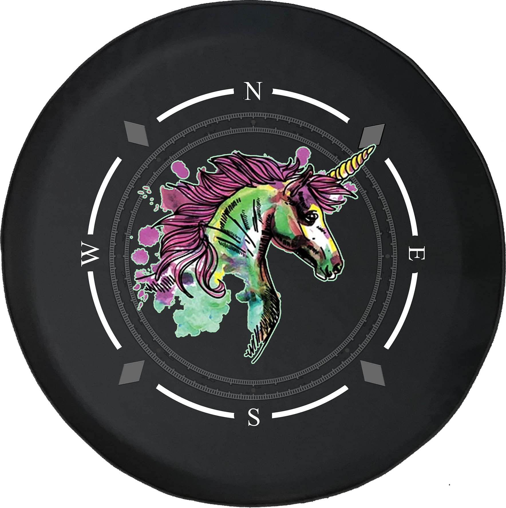 Colorful Unicorn Watercolor Spare Tire Cover with Compass Design - Universal Fit for SUV, Trailer, RV & Most Vehicles | Durable Wheel Accessories for Outdoor Adventures & Road Trips