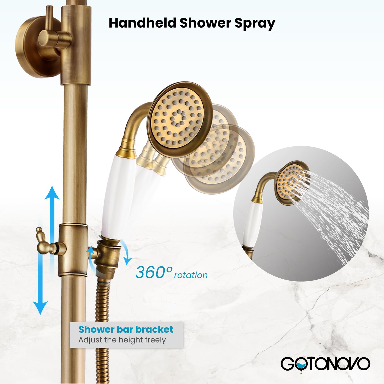 Gotonovo 8 Inch Rainfall Shower System - Exposed Bathroom Faucet with Tub Spout, Handheld Spray & Wall Mount Shelf - Antique Brass Finish for Indoor/Outdoor Use - Perfect for Patio, Poolside & Luxury Bathroom Upgrades