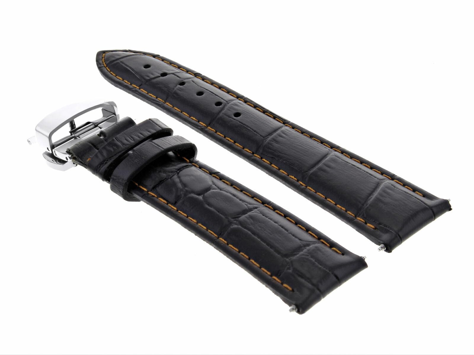 18mm Genuine Leather Watch Band Strap with Deployment Clasp - Black with Orange Stitching - Compatible with Guess Watches - Perfect for Business, Casual & Formal Occasions