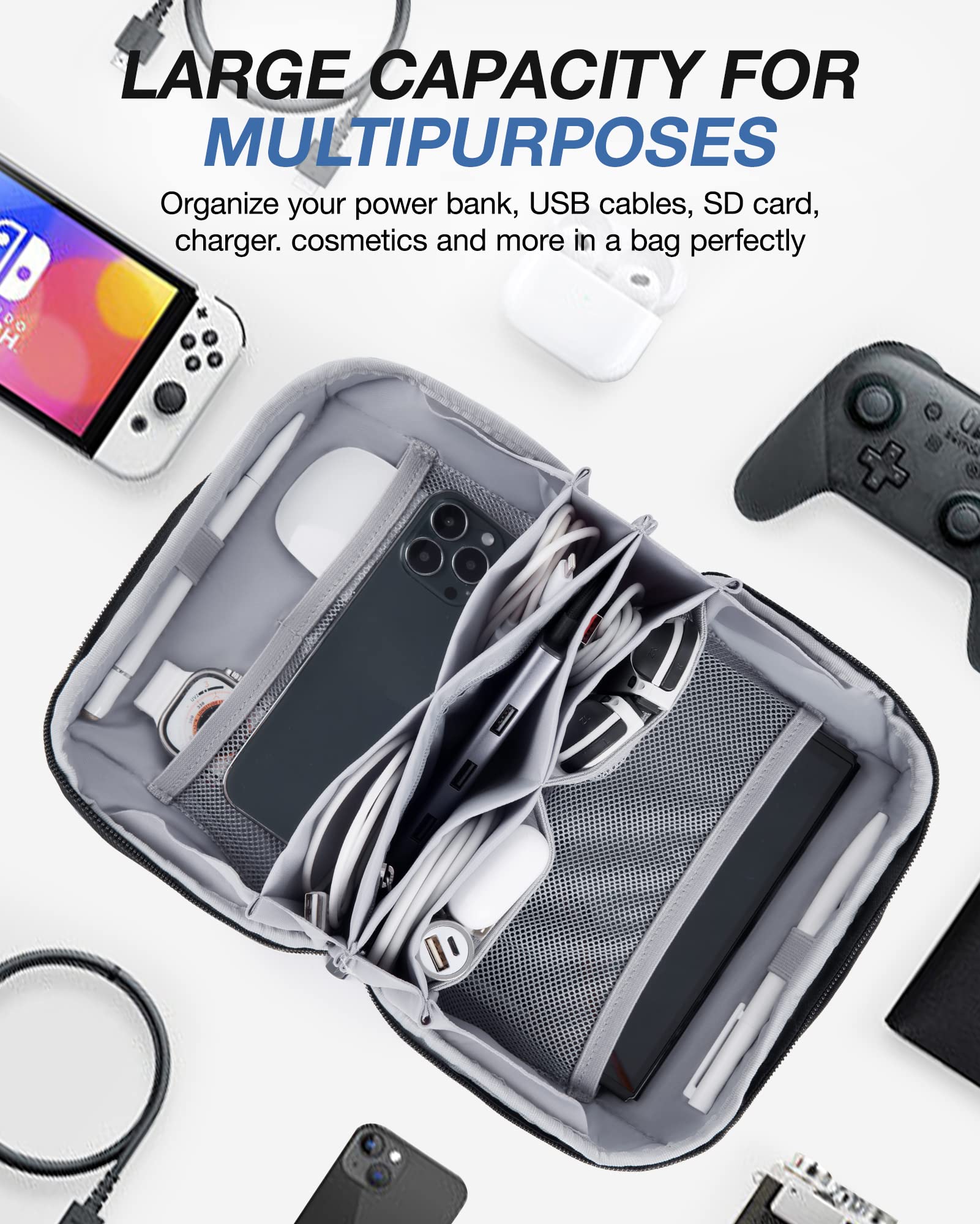 BAGSMART Electronics Organizer Pouch - Travel Tech Organizer Bag for Cables, Chargers & Accessories - Portable Cord Organizer with Handle for Men & Women (Black) | Perfect for Business Trips, Vacations & Daily Commute