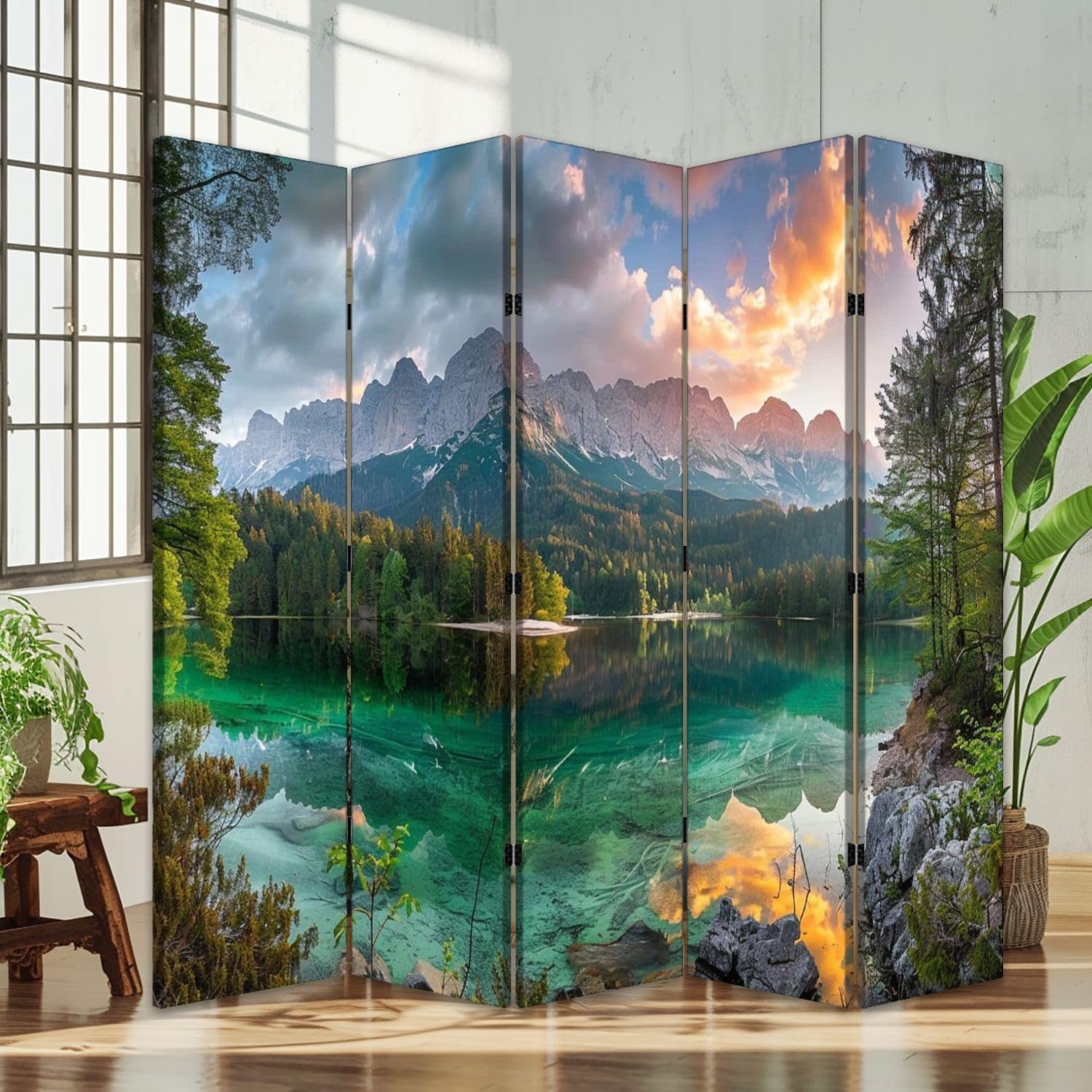 5-Panel Folding Room Divider - Mountain Lake Landscape Canvas Partition Screen for Home & Office - Freestanding Privacy Wall Separator for Living Room, Bedroom, Dorm, or Studio Decor