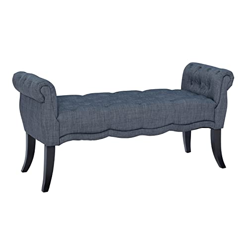 Linon Laurel Wood Upholstered Roll Arm Bench - Gray Upholstery Storage Bench for Entryway, Bedroom & Living Room | Durable Wooden Seat with Soft Cushion