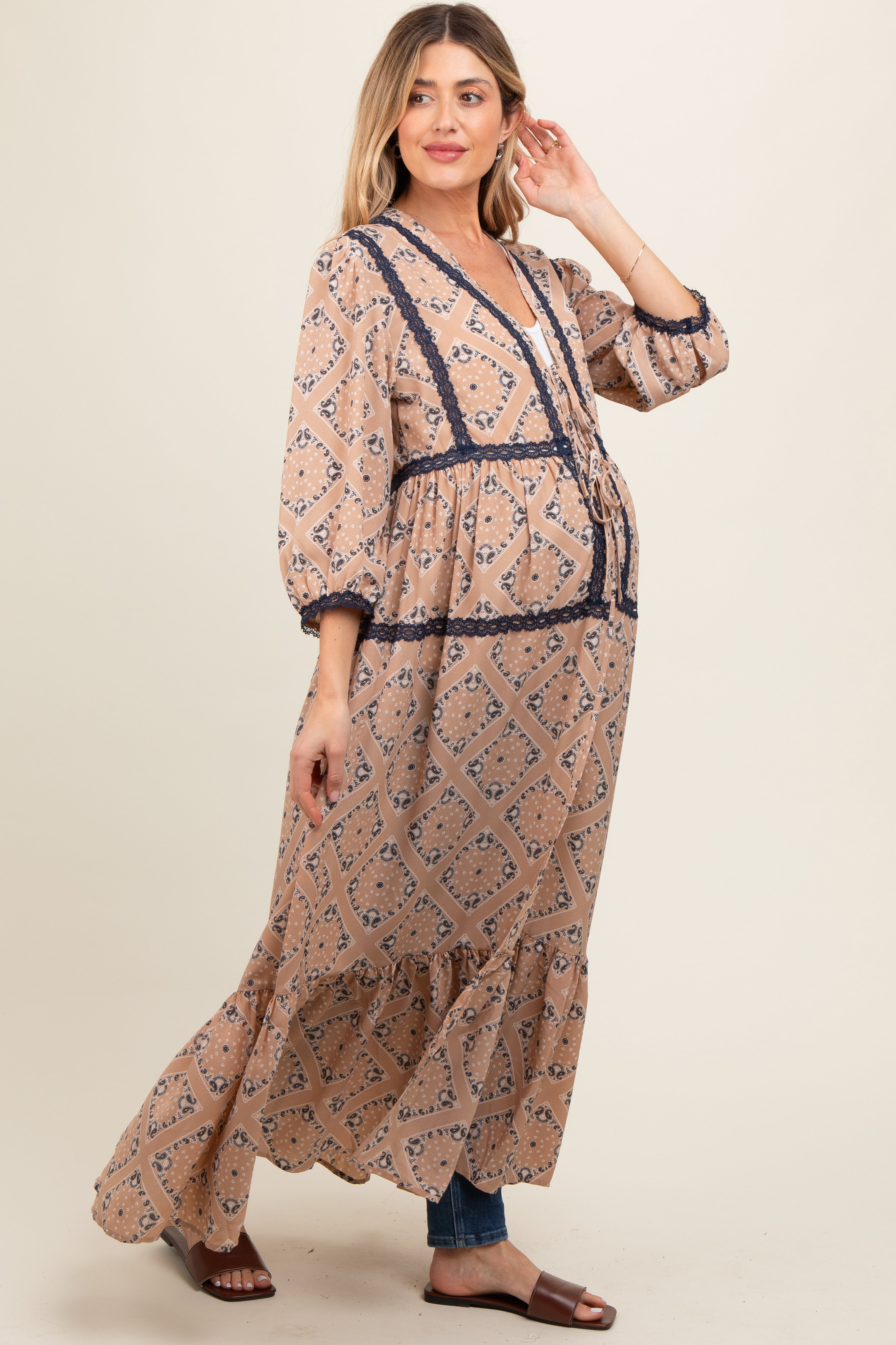 Beige Printed Tie Front Kimono Maternity Dress - Flowy Pregnancy Outfit for Women | Perfect for Baby Showers, Maternity Photos & Summer Vacations