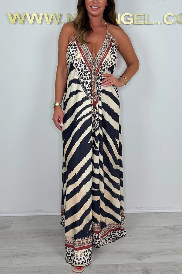 Stylish Zebra Print V-Neck Open Back Loose Maxi Dress for Women | Summer Beach Party, Vacation, Boho Chic Outfit