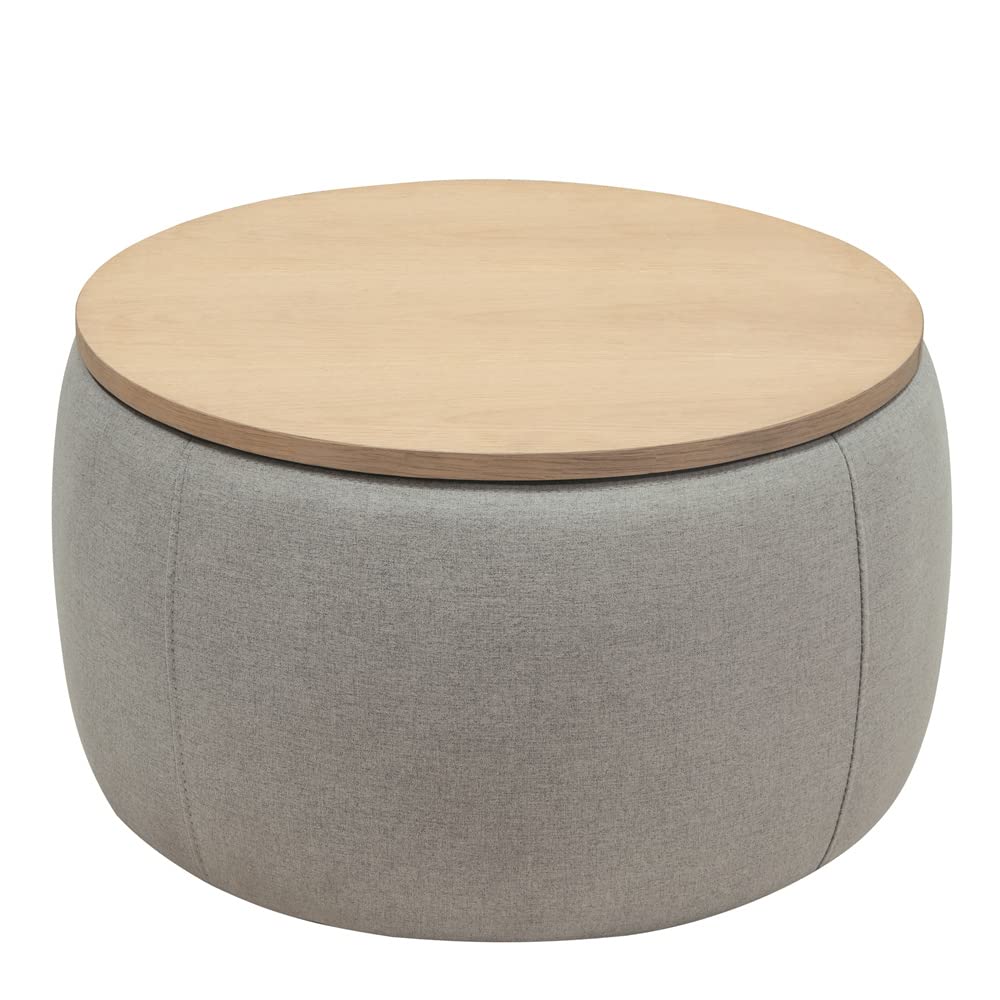 2-in-1 Round Storage Ottoman with Removable Tray - Upholstered Pleated Footrest Stool & Coffee Table - Light Grey Accent Furniture for Living Room, Bedroom, Vanity | Perfect as Makeup Stool, Side Table & End Table