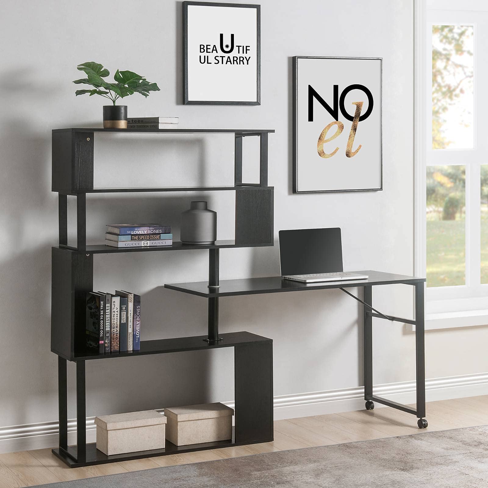 L-Shaped Home Office Desk with Rotating Corner & Bookcase - Ergonomic Computer Workstation for Small Spaces, Gaming & Study - Perfect for Remote Work & Compact Rooms