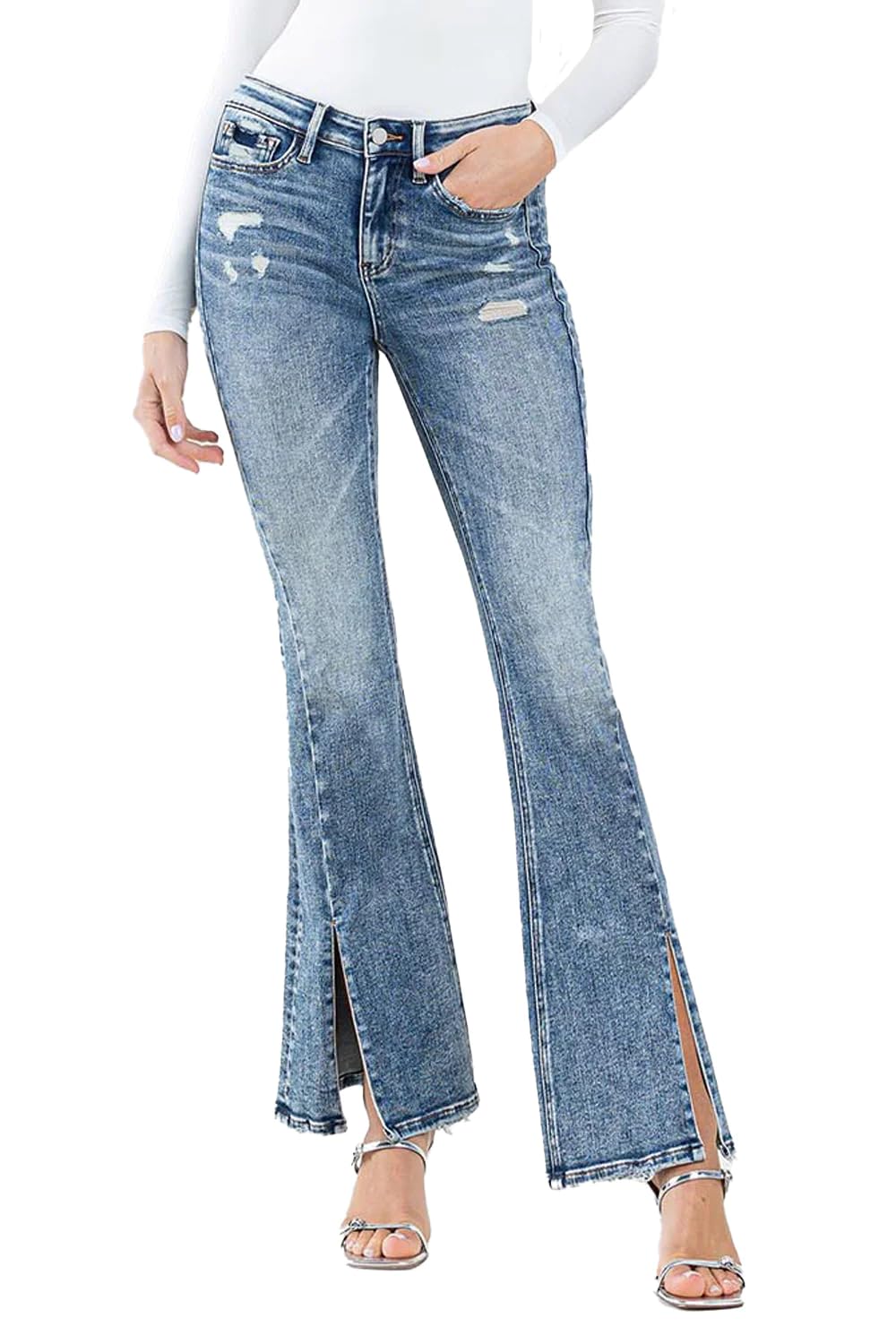 Flying Monkey F5171 High Rise Split Hem Distressed Flare Jeans for Women | Vintage 70s Inspired Denim Pants | Perfect for Casual Outfits, Music Festivals & Boho Style