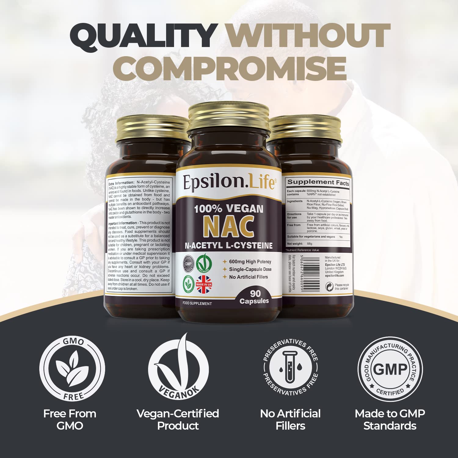 NAC N-Acetyl-Cysteine 600mg Vegan Capsules - 90 Count Glutathione Support Supplement | UK Made, No Artificial Fillers, Pure NAC with Rice Flour | Antioxidant Support for Liver Health & Immune System