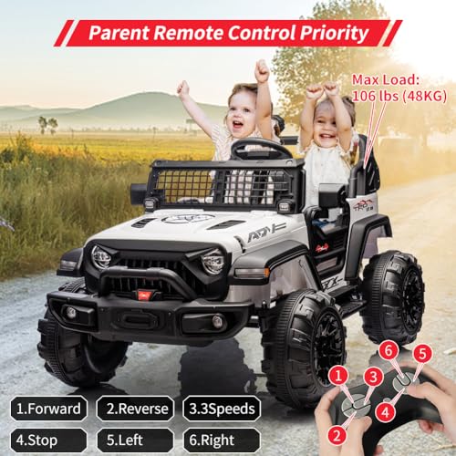 GARVEE 2 Seater Kids Ride On Truck with Parent Remote Control - 24V 9AH Electric Toy Car with LED Lights, Music & Horn - Large 20