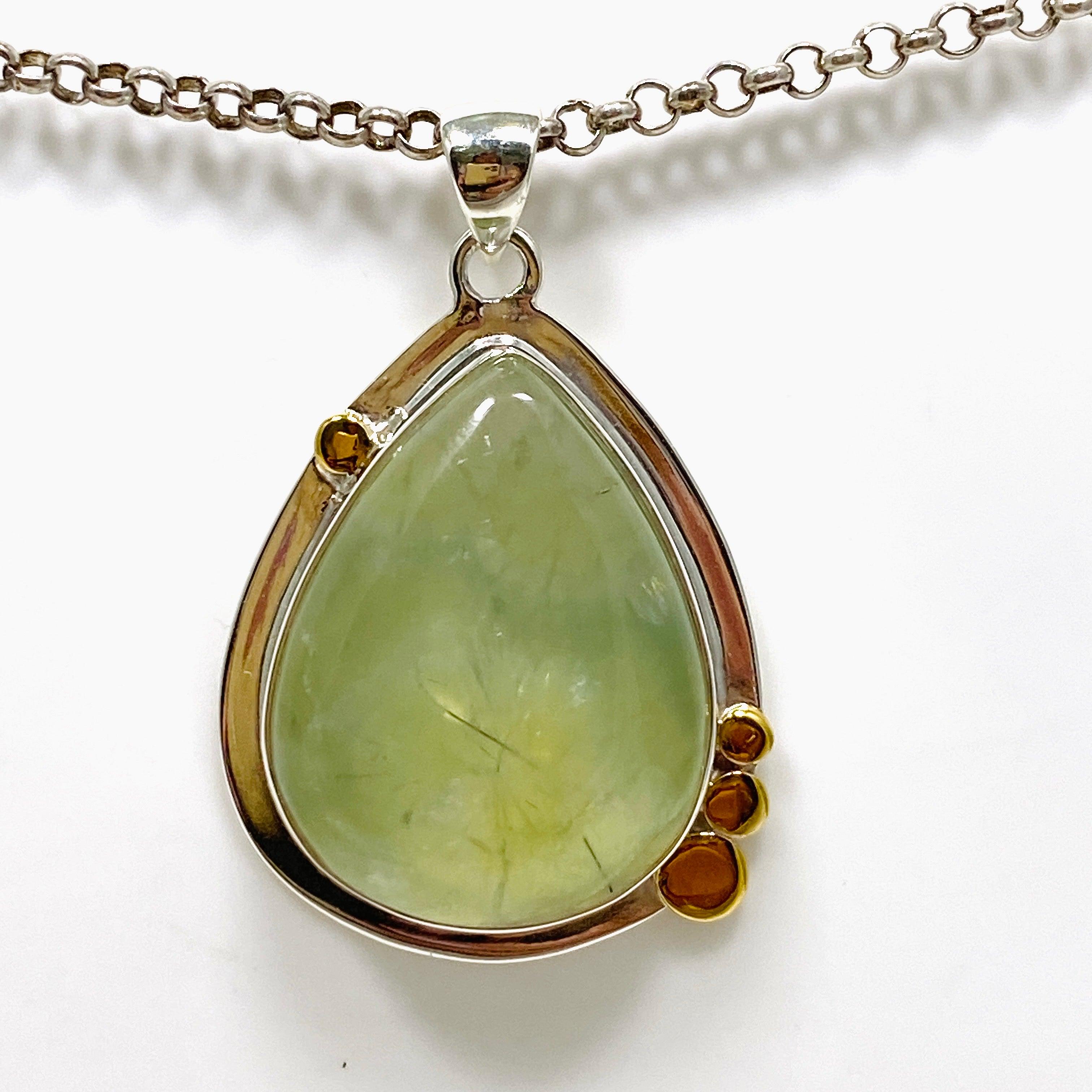 Prehnite Teardrop Pendant Necklace with Brass Accents - KPGJ4294 | Elegant Boho Jewelry for Women, Perfect for Everyday Wear & Special Occasions
