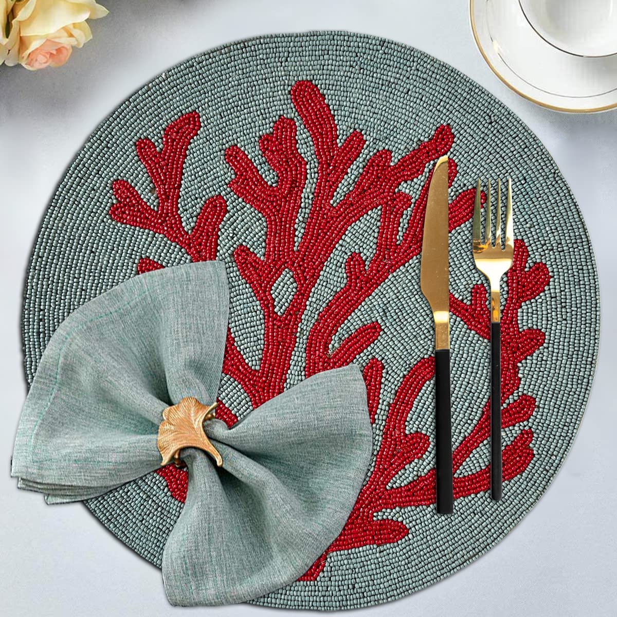 Decozen Round Beaded Placemats Set of 8 - 14 Inch Heat Resistant Charger Plates for Farmhouse Kitchen, Wedding & Valentine's Day Decor - Blue Teal Coral Home Decor | Perfect for Dinner Parties, Holiday Gatherings & Spring Table Settings