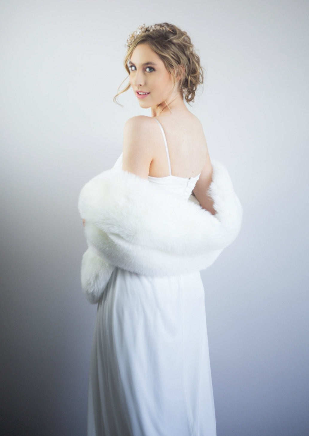 Elegant Pure Ivory Fur Shawl for Brides - Celia Wht01 | Perfect for Weddings, Photo Shoots & Formal Events