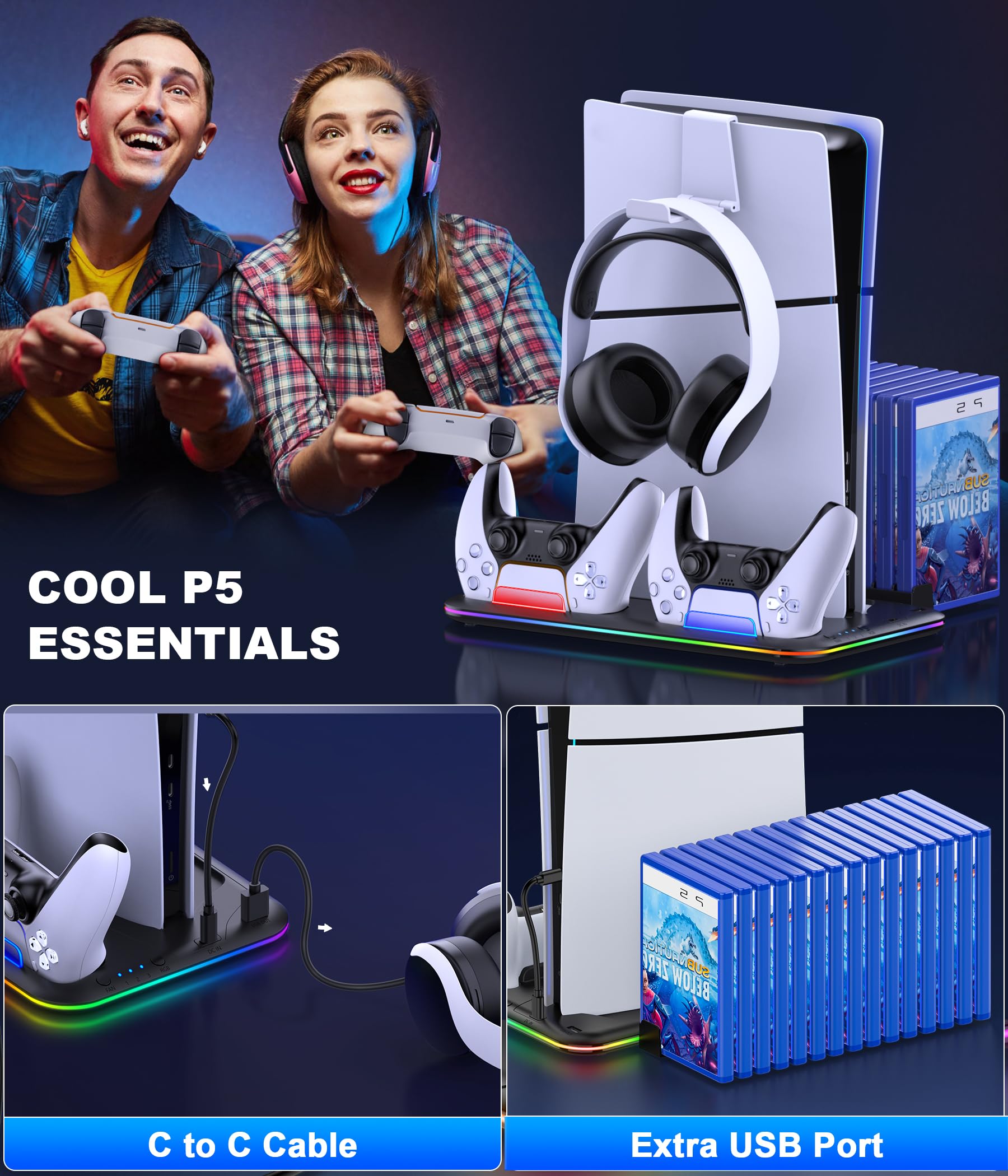 PS5 Cooling Stand with RGB Lights & Dual Controller Charger - 3-Speed Cooling Fan for PlayStation 5 Slim/Disc/Digital Edition | Includes Headset Holder & 15 Game Storage Slots - Perfect for Gaming Setup & Accessories Organization
