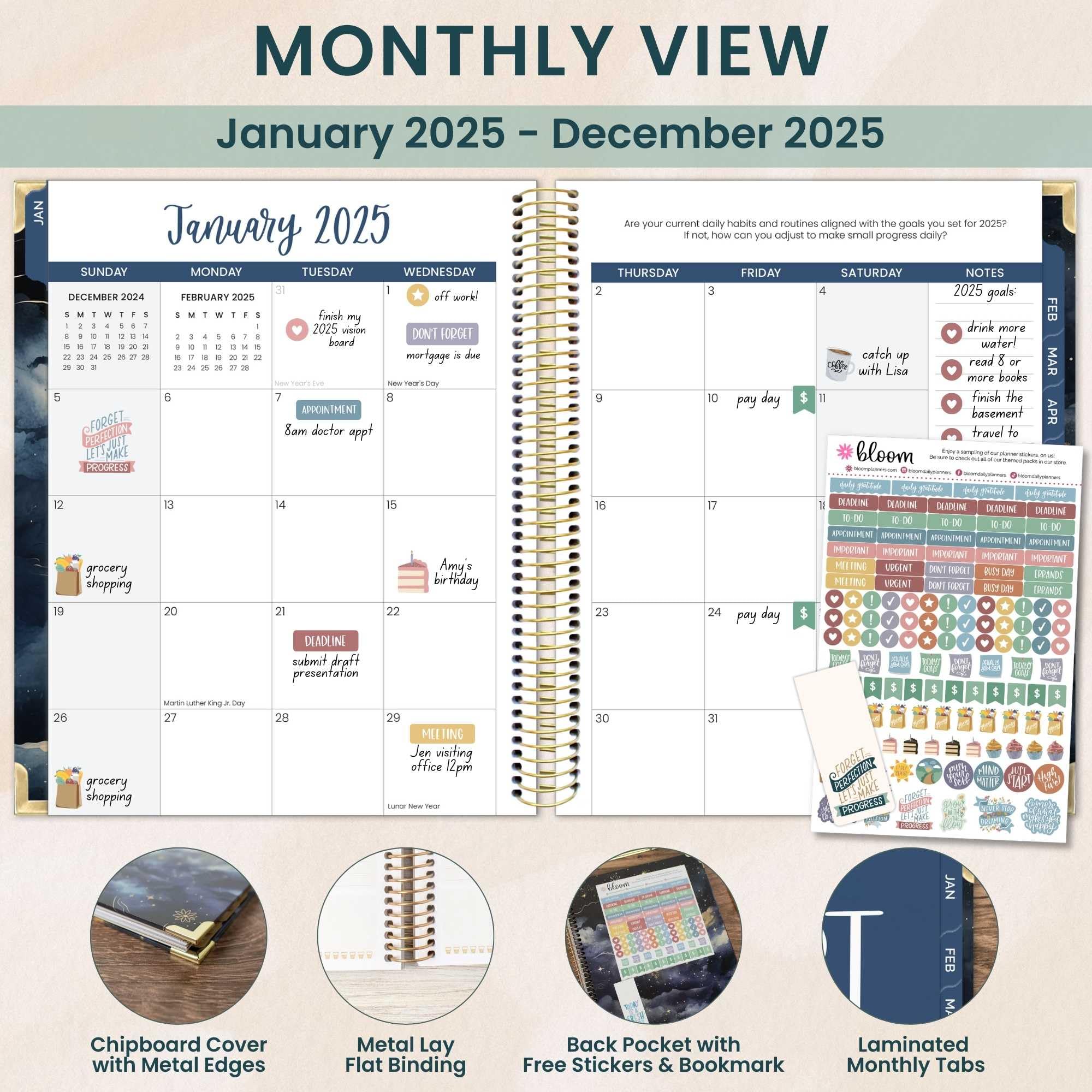 Bloom 2025 Hard Cover Planner - Goal Setting & Vision Journal with Monthly/Weekly Layout - 7.5