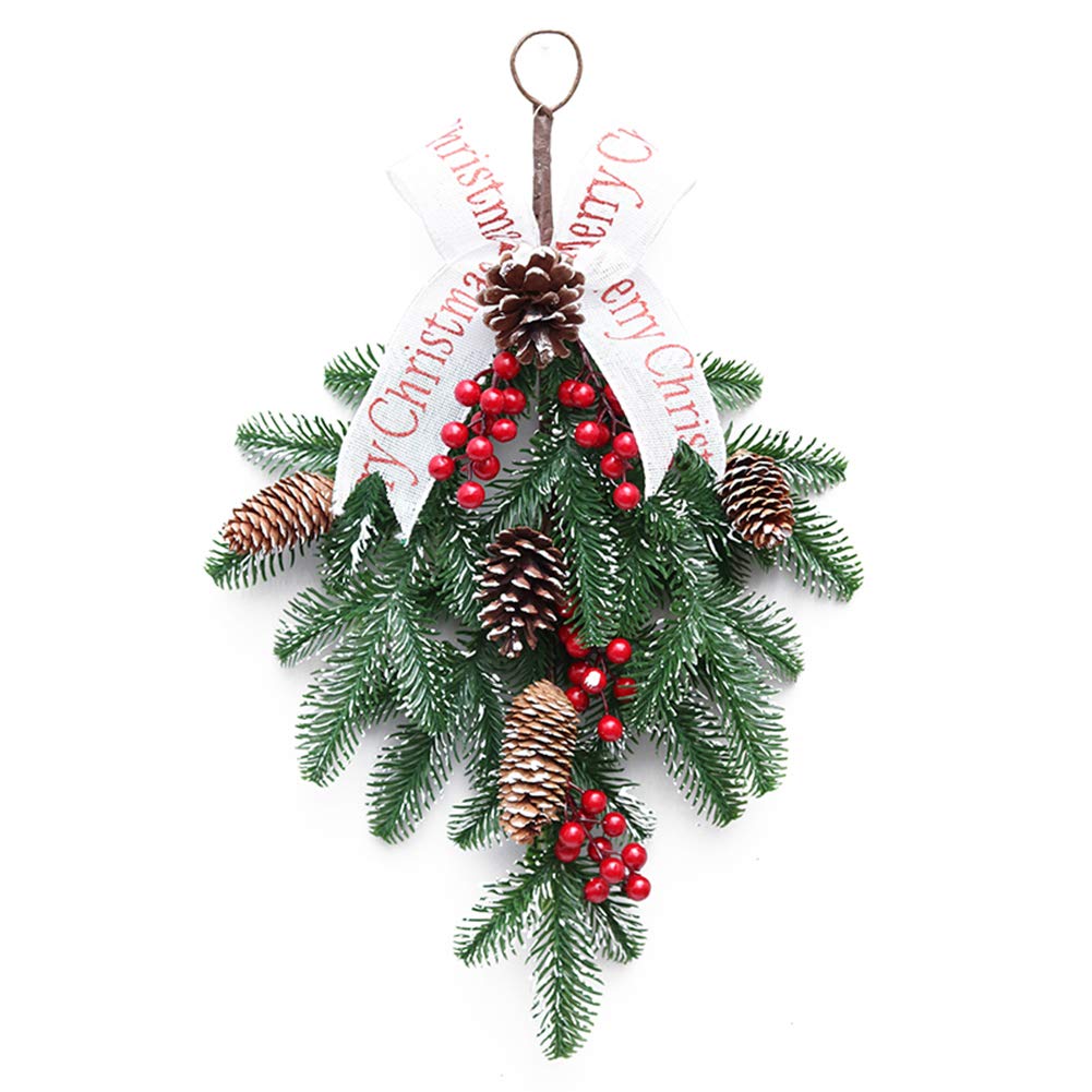 Timpfee 50x37cm Artificial Christmas Flower Teardrop Swag - Xmas Tree Decorations, Holiday Garland Wreath with Pine Cones & Rattan for Farmhouse Style Front Door Decor (Perfect for Holiday Home, Fireplace Mantel & Christmas Party Decorations)