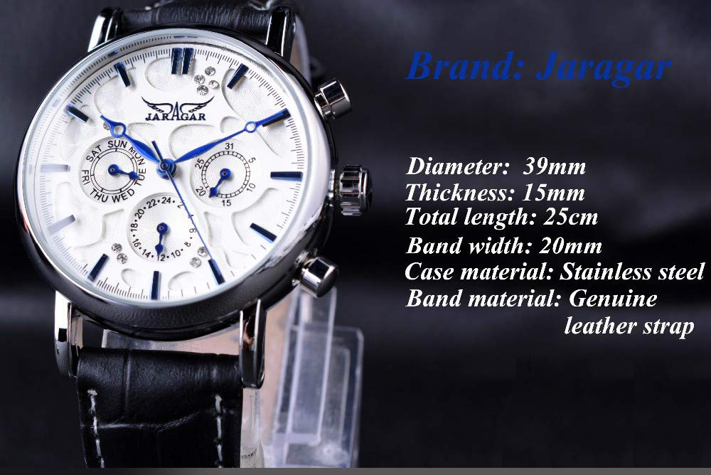 Luxury Blue Hands White Dial Leather Strap Men's Automatic Mechanical Watch with 3 Subdials & Diamond Accents - Perfect for Business, Formal Events & Gift Giving