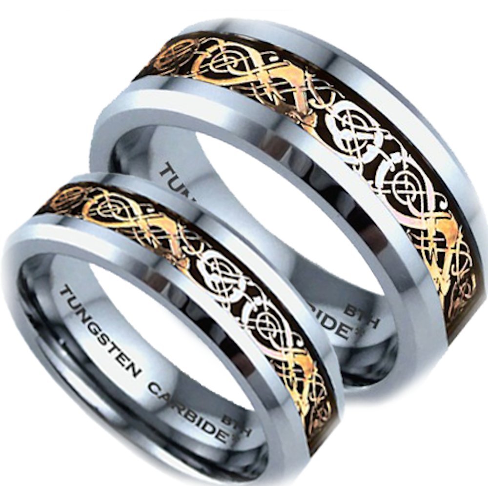 BestToHave His and Hers 8MM/6MM Tungsten Carbide Celtic Dragon Inlay Wedding Engagement Ring Set - Sizes H to Z+4 - Durable & Scratch Resistant - Perfect for Couples, Anniversaries, and Romantic Gifts