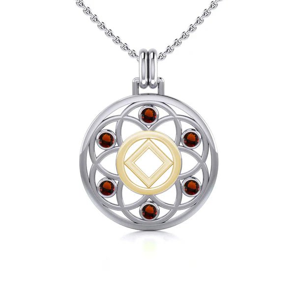 Flower of Life Sterling Silver & 14K Gold Accent Recovery Pendant with AA or NA Symbol & Genuine Gemstone - Spiritual Jewelry for Addiction Recovery & 12-Step Programs