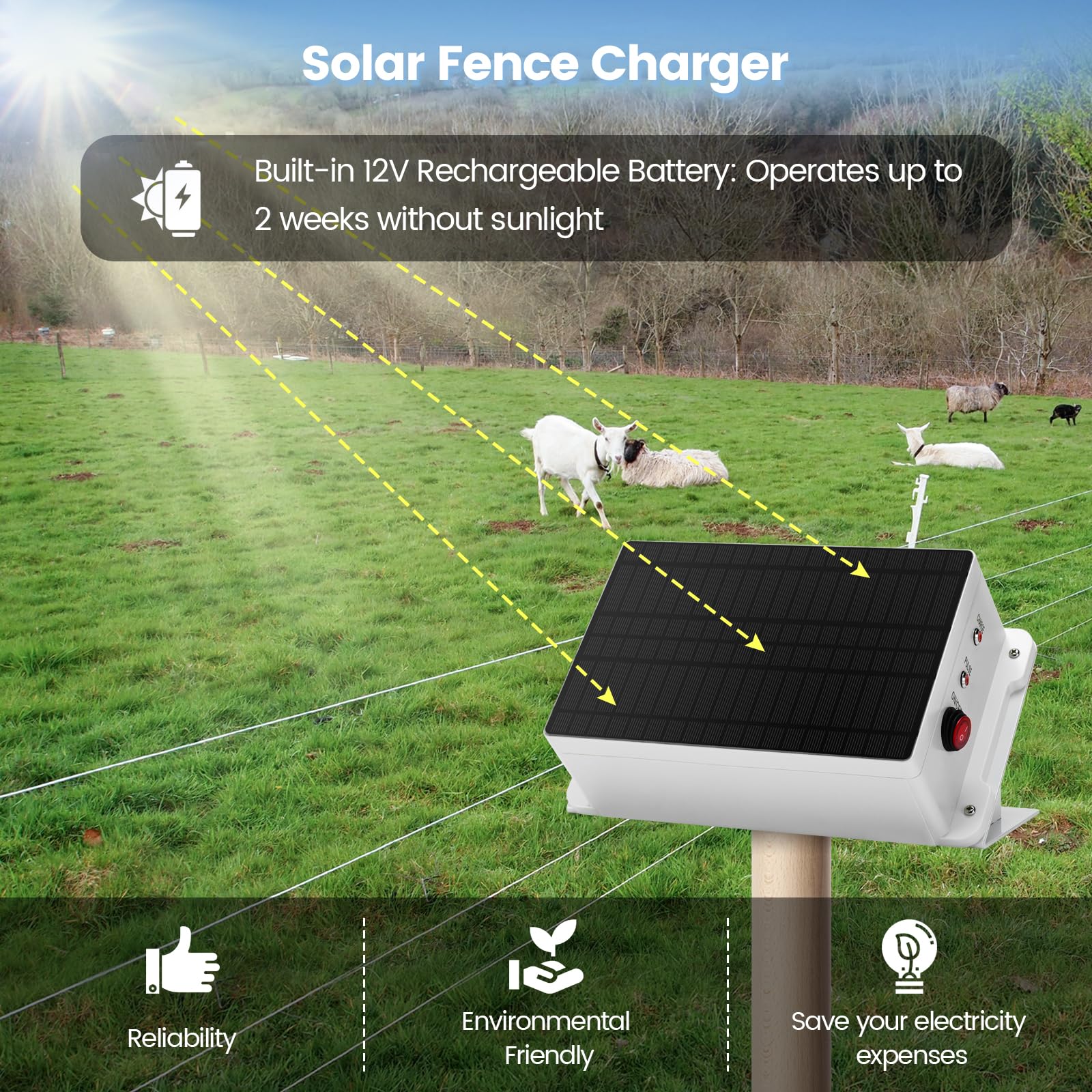 Briidea 5.6 Mile Solar Electric Fence Charger - 0.2 Joules Output, IP66 Waterproof for Outdoor Use - Keep Predators Away & Protect Livestock, Gardens, Farms - Energy Saving Solar Powered Fence Energizer