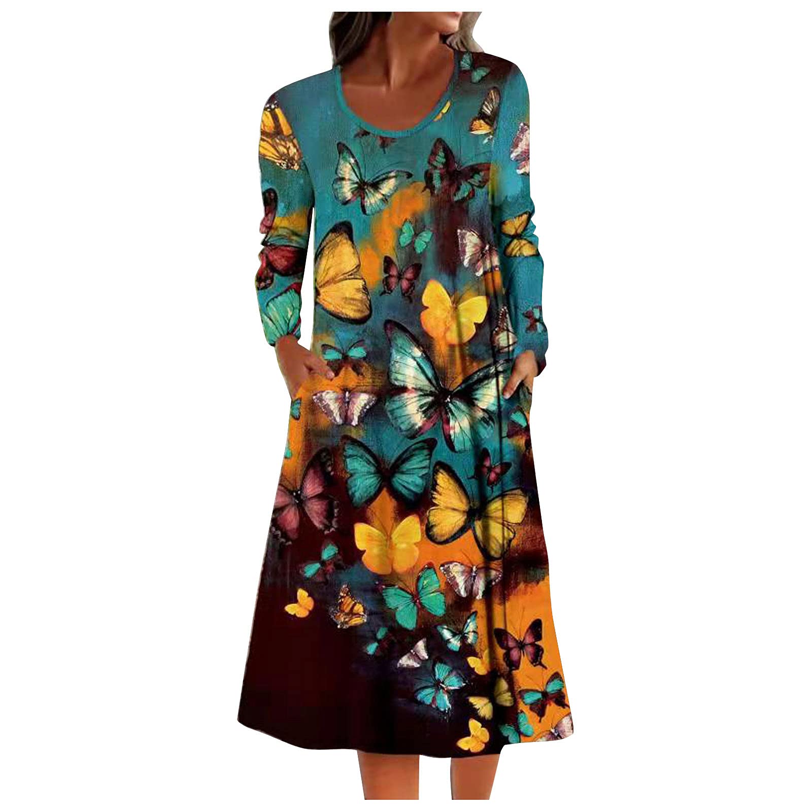 Women's Floral Butterfly Leopard Print Maxi Dress - Long Sleeve O-Neck Boho Sundress for Plus Size | Perfect for Beach Vacations, Summer Parties & Casual Outings