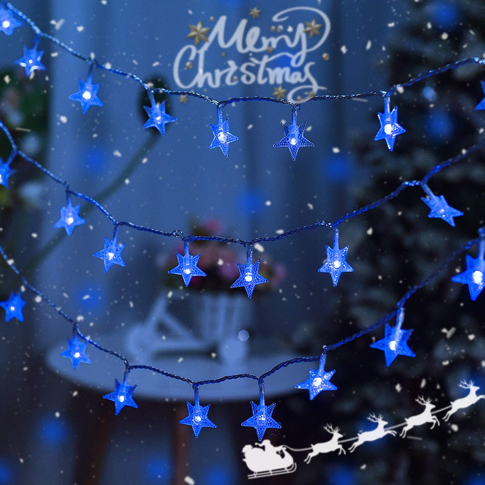 Amadecohome 50 LED Star String Lights - Battery Operated Fairy Lights for Christmas, Wedding, Party Decor | Waterproof Indoor & Outdoor Use - Perfect for Bedroom, Christmas Tree, Garden, Patio (Blue)