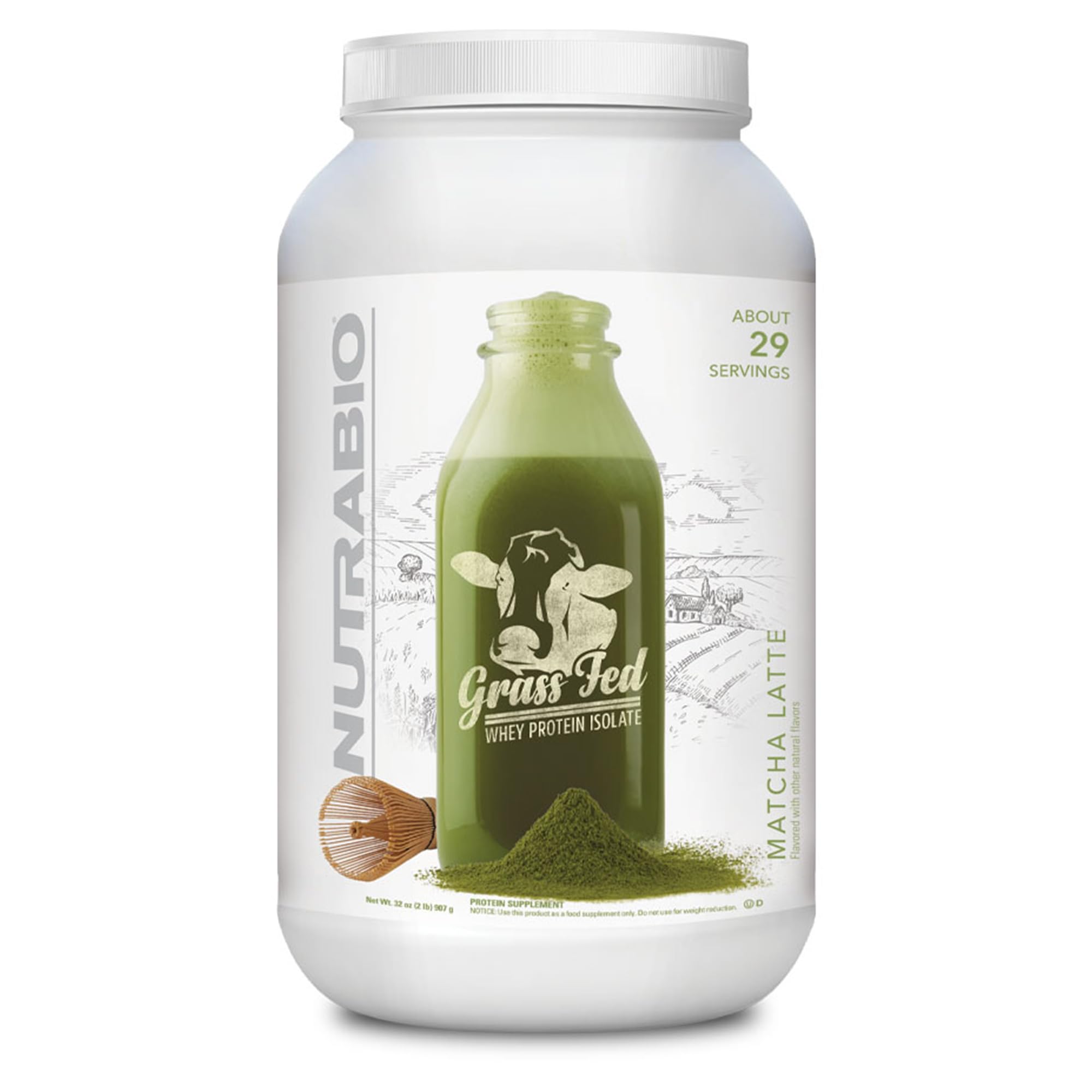 NutraBio Grass Fed Whey Isolate Protein Powder - 25G Protein Per Scoop, Sugar Free, Natural Lean Muscle Supplement - Matcha Latte Flavor - 2lbs (29 Servings) for Post-Workout Recovery & Healthy Breakfast Smoothies