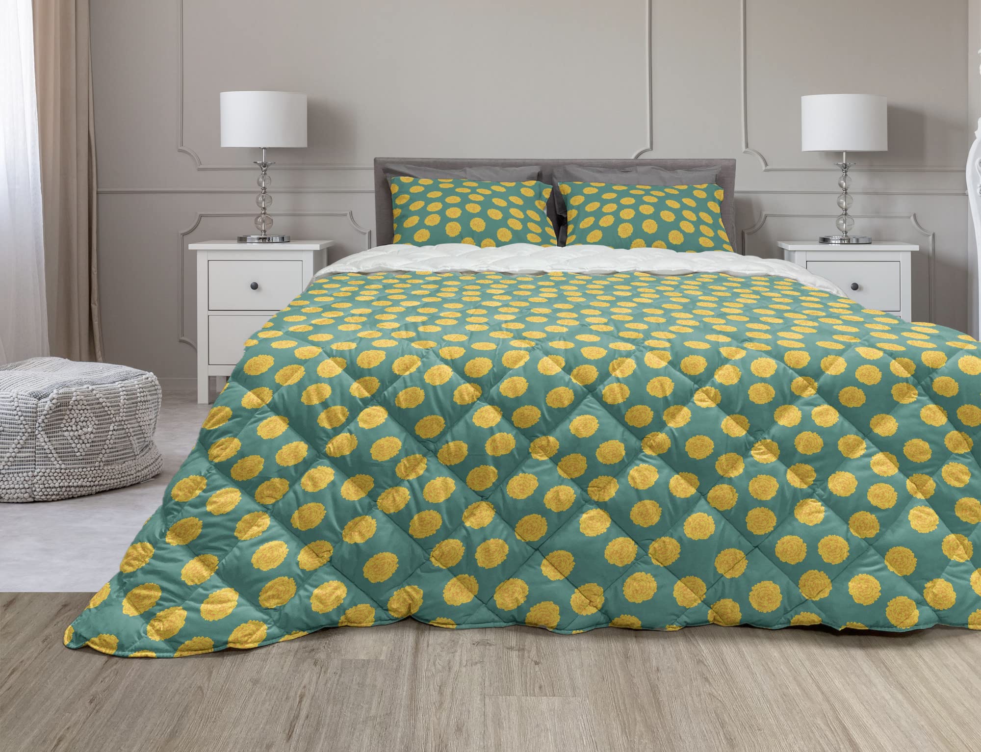 Ambesonne Marigold Comforter Set - Twin Size Orange & Teal Floral Duvet Cover with Microfiber Filling | Spring Summer Bedding | Pastel Carnation Blossom Pattern | 2-Piece Quilt Set for Guest Room, Dorm, or Master Bedroom Decor