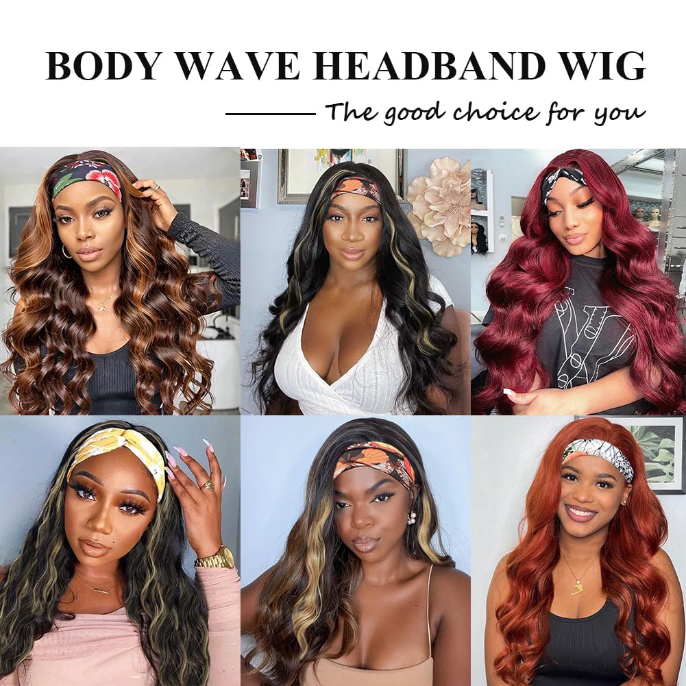 Natural Looking Glueless Headband Wig for Black Women - 16inch Synthetic Long Black Body Wave Heat Resistant Wig (180% Density, 1B/H30#) | Perfect for Daily Wear, Cosplay & Protective Hairstyles