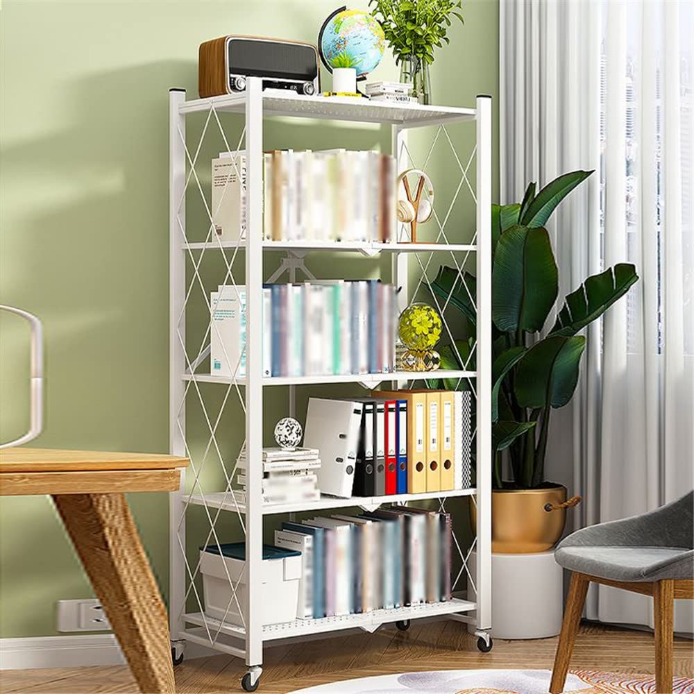 4-Tier Foldable Metal Storage Shelf with Wheels - Heavy Duty Freestanding Shelving Unit for Kitchen, Pantry, Closet, Garage - White 28