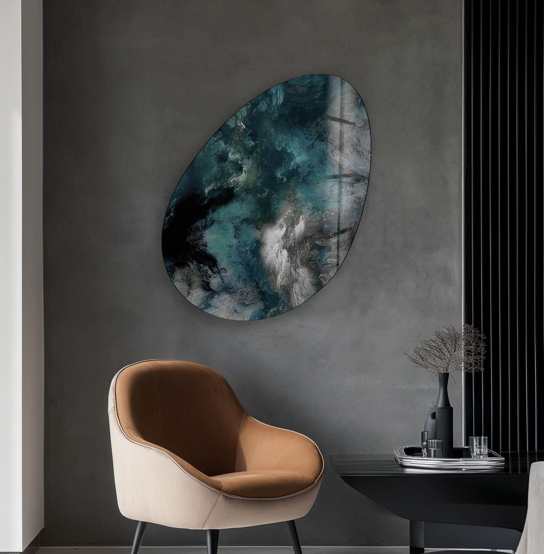 Abstract Dark Green Oval Glass Wall Art - Modern Home Decor for Living Room, Bedroom & Office - Handmade Glass Artwork for Unique Interior Design
