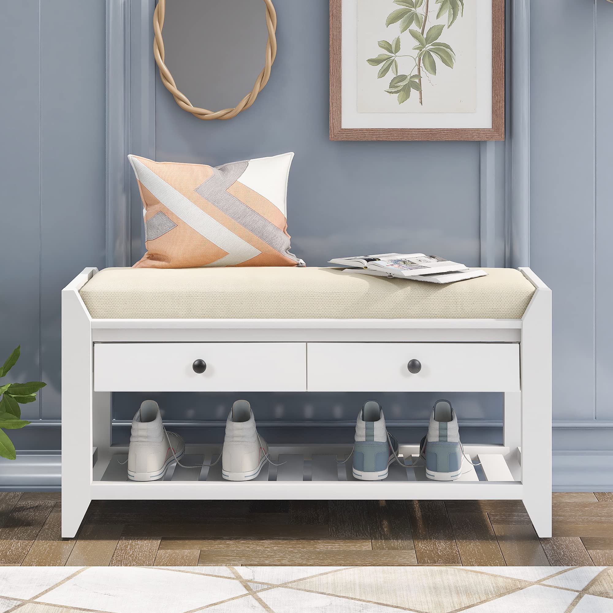 Danxee Shoe Storage Bench with Cushioned Seat - 2 Drawers Entryway Organizer, White - Perfect for Bedroom, Living Room & Hallway Storage Solution