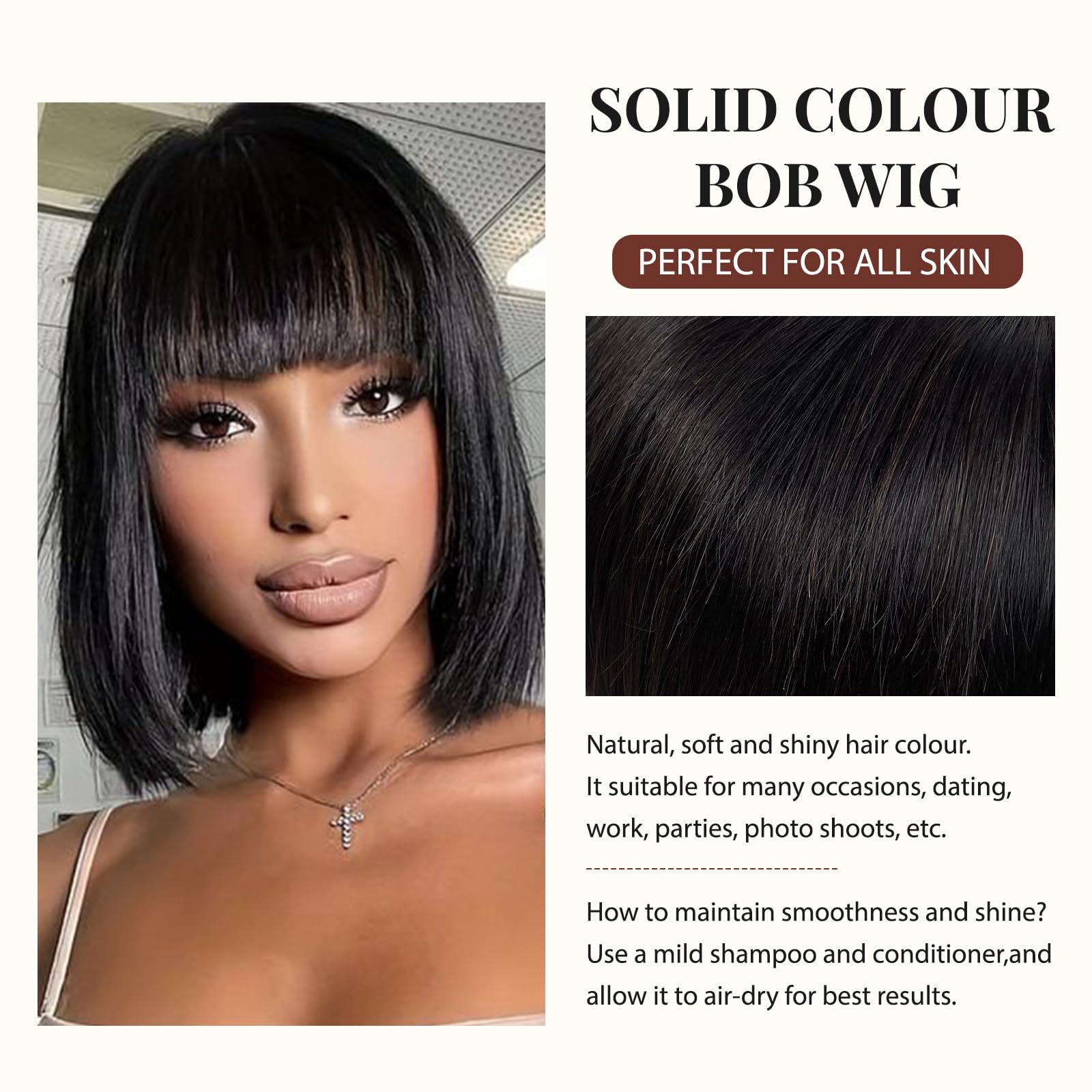 Yaki Straight Short Bob Wig with Bangs for Black Women - 100% Human Virgin Hair, 2x1 Lace Scalp, 14