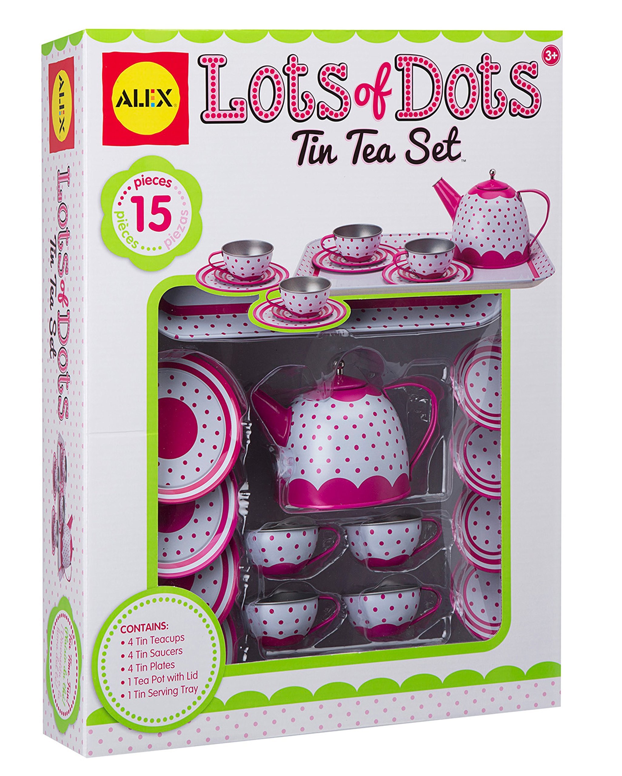 ALEX Toys Lots of Dots Tin Tea Set - 24-Piece Pretend Play Tea Party Set for Kids, Colorful Dotted Design - Perfect for Birthday Gifts, Imaginative Play & Preschool Learning Activities