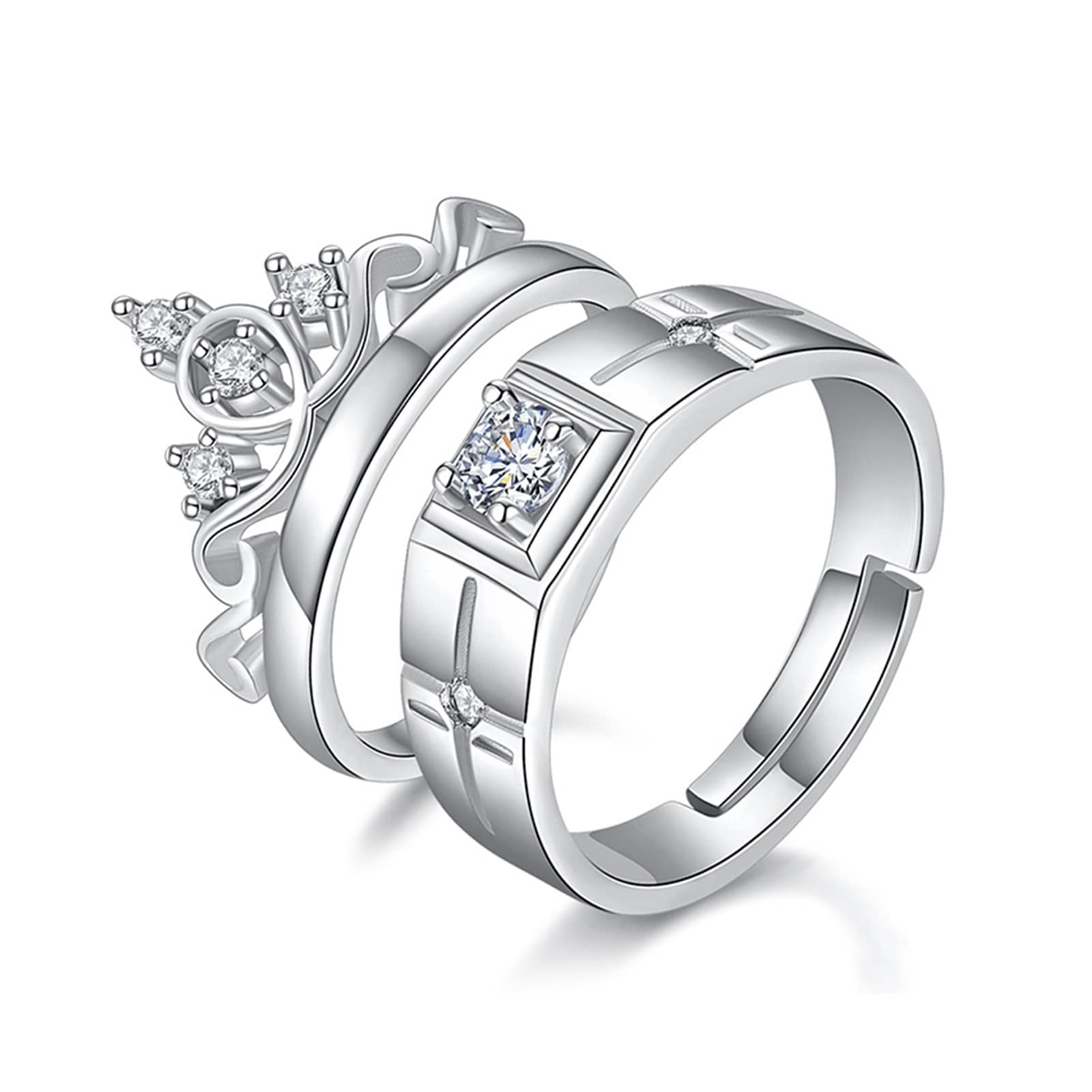 Romantic Geometric Crown Couple Rings for Women & Men - Crystal Zircon Wedding Bands, Valentine's Day Gift (Silver-White) - Perfect for Anniversaries, Engagements & Romantic Occasions