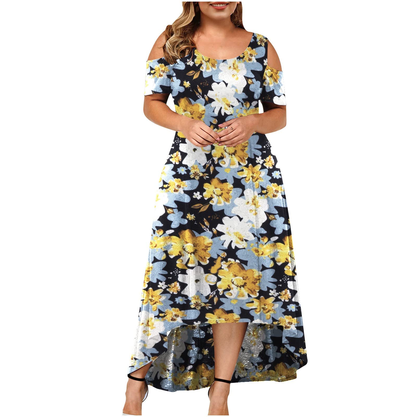 Plus Size Summer Dress for Women - Casual High Low Cold Shoulder Floral Maxi Dress, A-Line Wedding Guest Dress | Beach Vacation, Party, Date Night Outfit