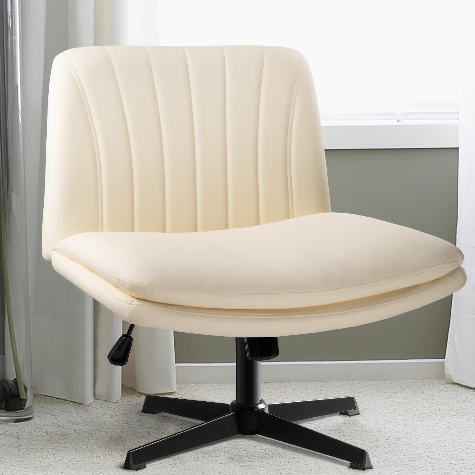 LEMBERI PU Leather Padded Armless Swivel Office Chair - No Wheels, Mid Back Ergonomic Desk Chair with 120° Rocking Function for Home Office, Makeup Vanity & Small Spaces (Beige) - Perfect for Compact Workstations & Beauty Stations