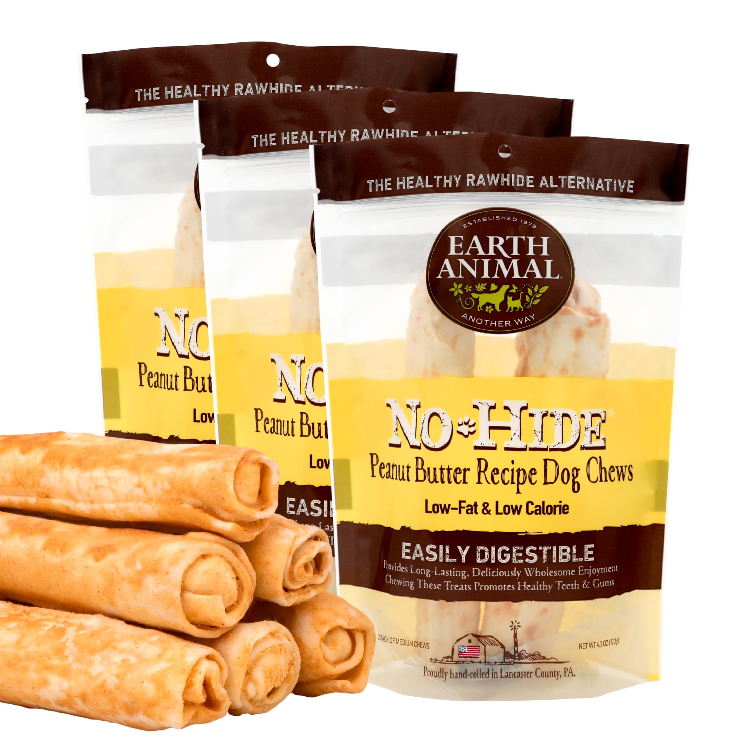 Earth Animal No Hide Medium Peanut Butter Flavored Natural Rawhide-Free Dog Chews - Long Lasting Dental Chew Sticks for Large Dogs & Aggressive Chewers | Healthy Treats for Teething, Training & Anxiety Relief (3 Pack)