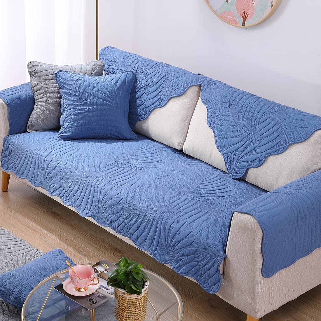 Vctops Leaf Embroidery Cotton Sofa Cover - Non-Slip Sectional Couch Protector for Pets, L-Shaped & Recliner Furniture (Blue, 28